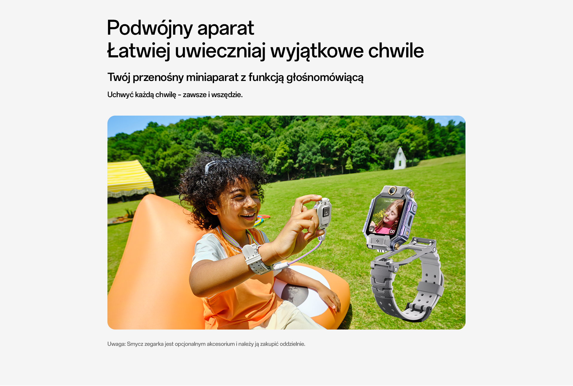 imoo Watch Phone X10 in Silber mit weißem und grauem Armband, zeigt Dual-Kamerafunktion im Freien. Produktseite.