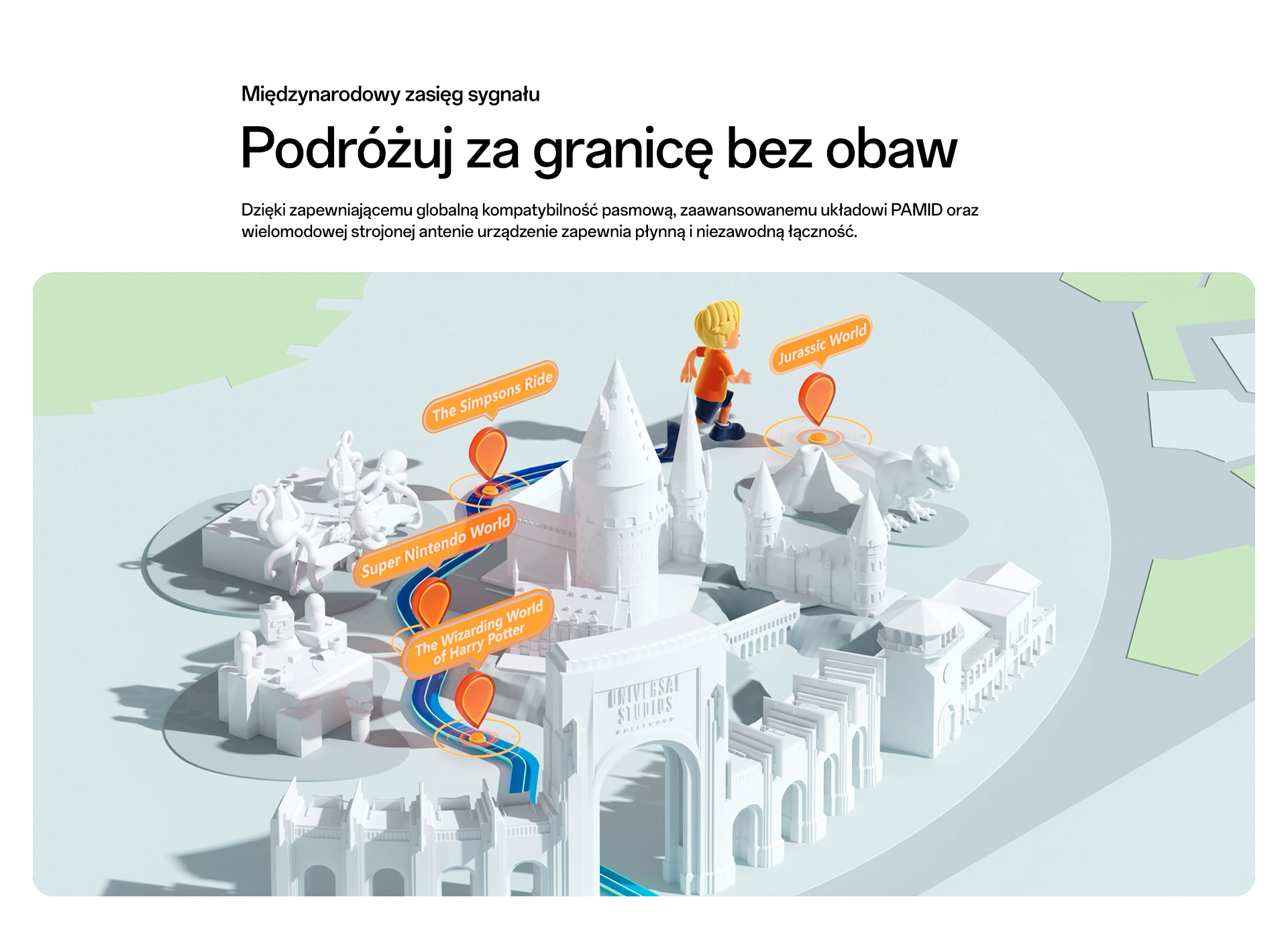 imoo Watch Phone X10: Weltkarte mit Markierungen, zeigt internationale Netzabdeckung. Produktseite.