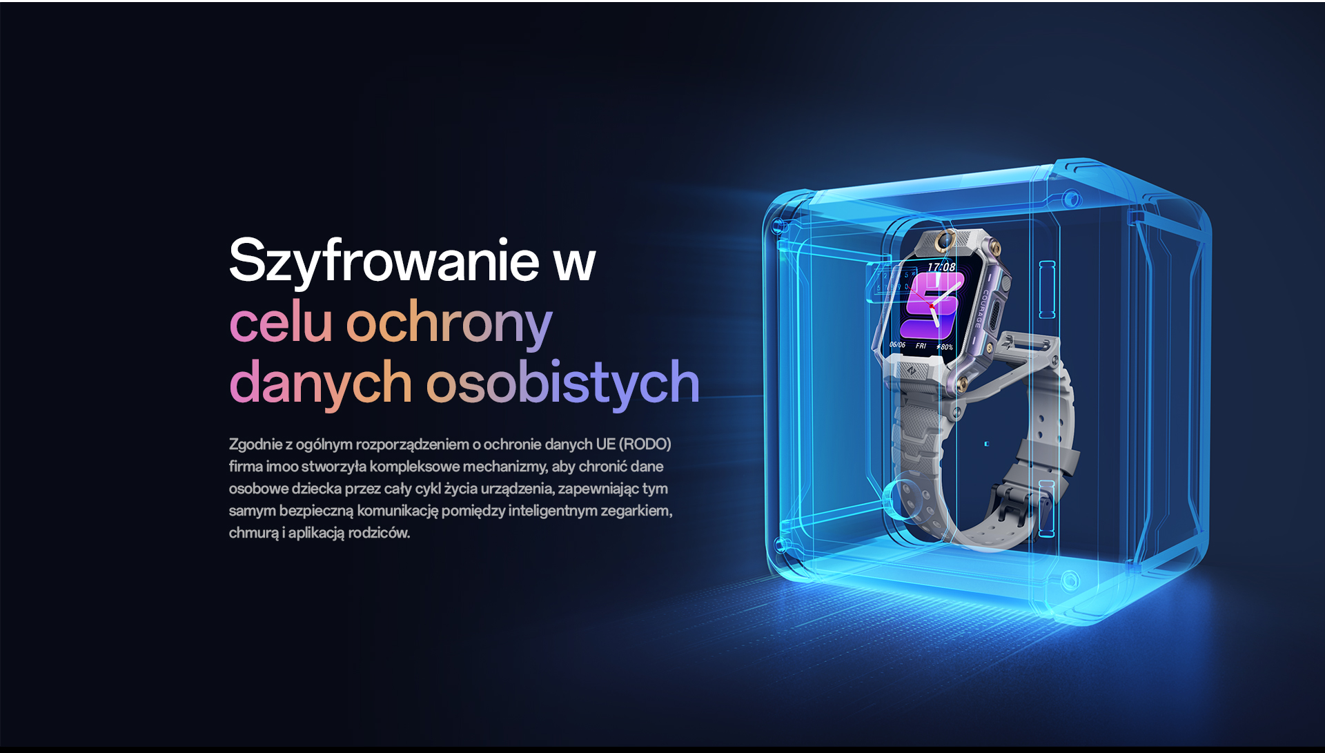 imoo Watch Phone X10: Grau, weißes Armband, in transparenter Hülle für Verschlüsselung & Datenschutz, Produktseite.