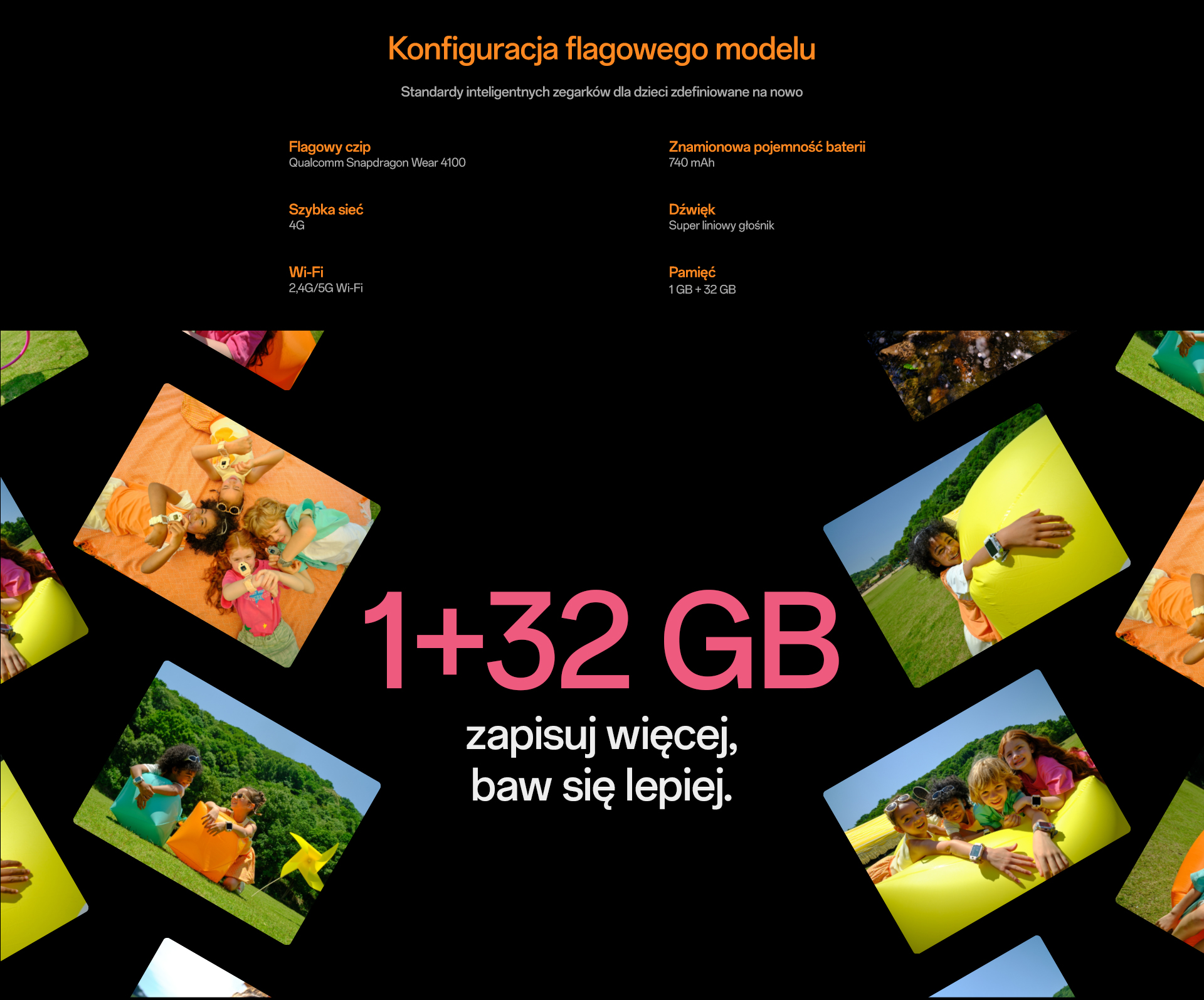 imoo Watch Phone X10: 1GB+32GB Speicher, Snapdragon Chip. Kinder spielen draußen. Produktseite.