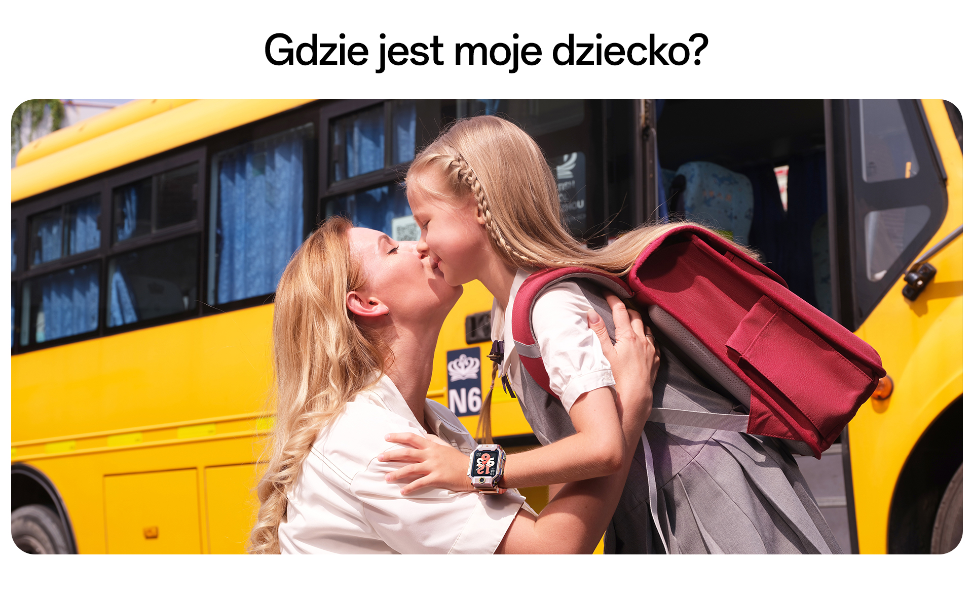 imoo Watch Phone X10 zeigt Mutter und Kind vor Schulbus, Sicherheit für Eltern, Produktseite