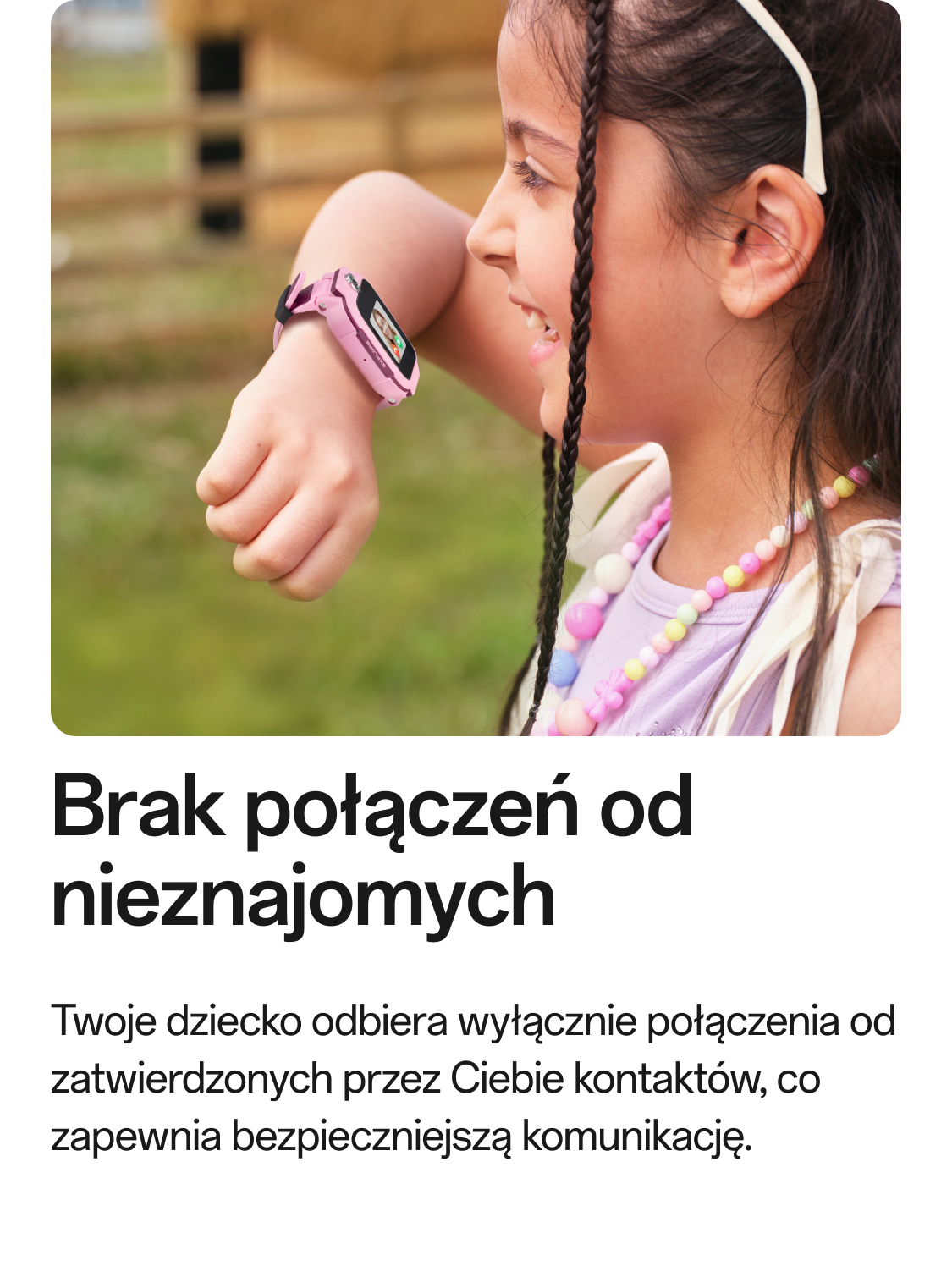 Mädchen mit imoo Watch Phone Z3 (Rosa): Sichere Kommunikation, nur Anrufe von Freigegebenen. Produktseite.