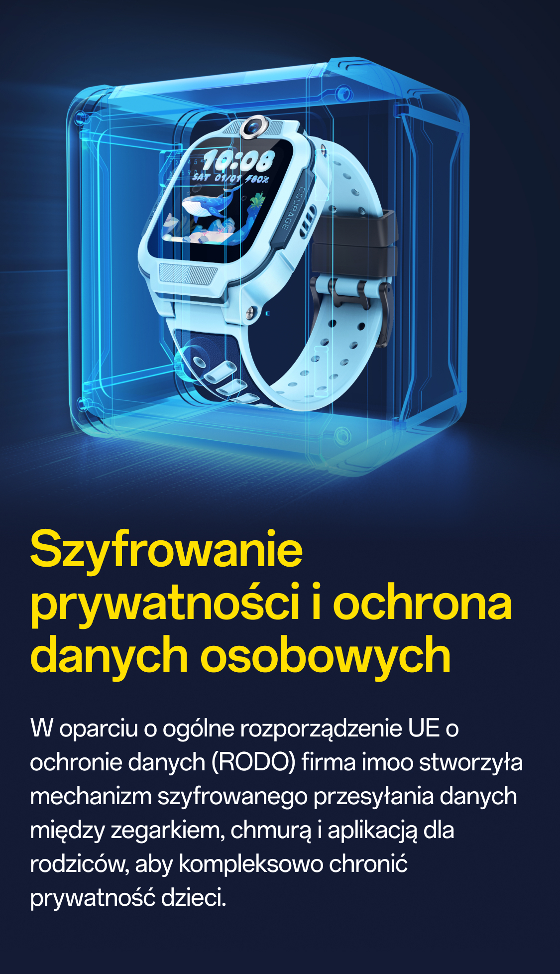 imoo Watch Phone Z3 (hellblau) mit Wal-Zifferblatt in blauer Hülle. 'Verschlüsselung & Datenschutz' betont Sicherheit.