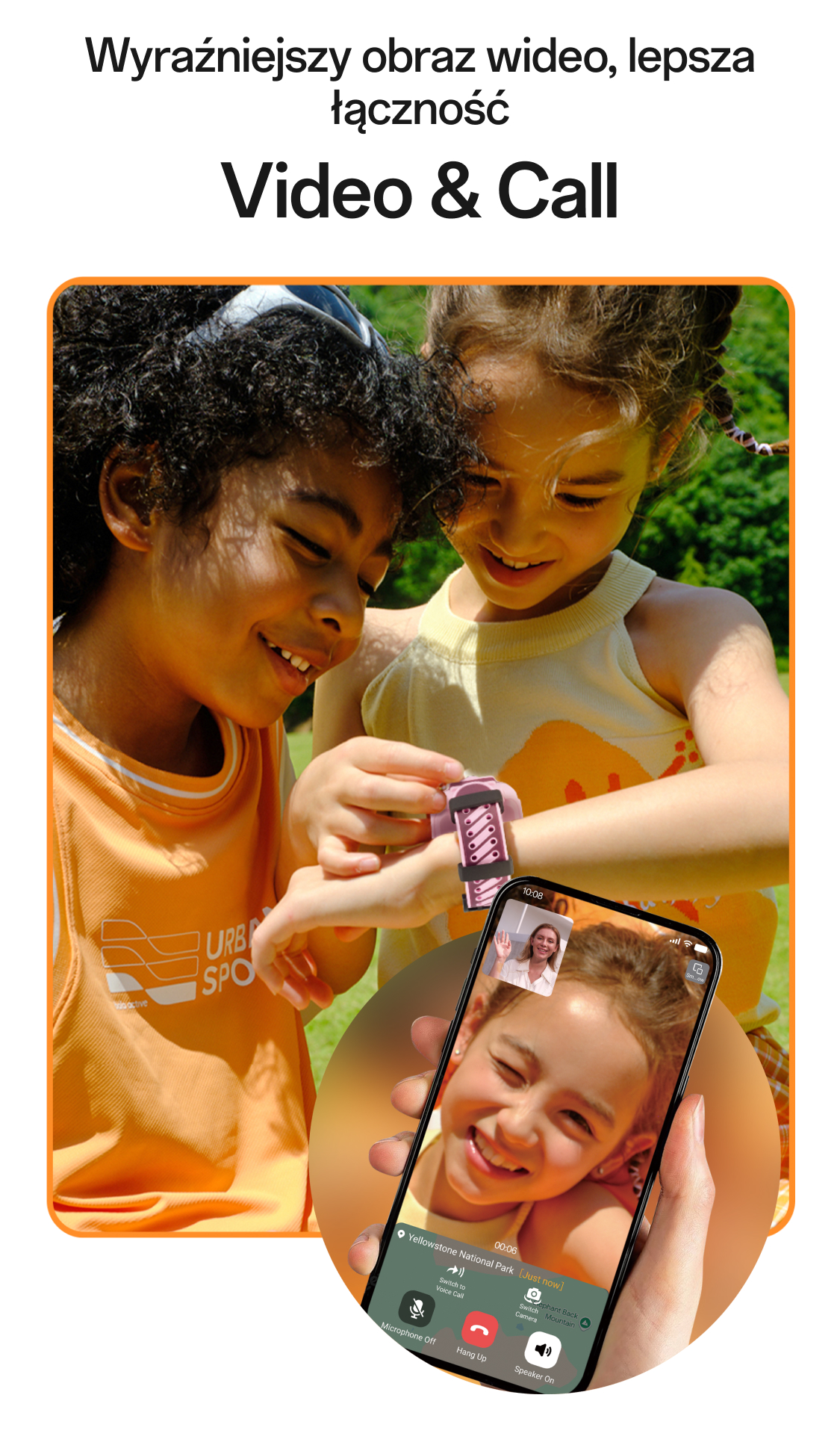 Zwei Kinder, ein Mädchen mit imoo Z3 Smartwatch in Rosa, videoanrufer via Smartphone. Produktseite.