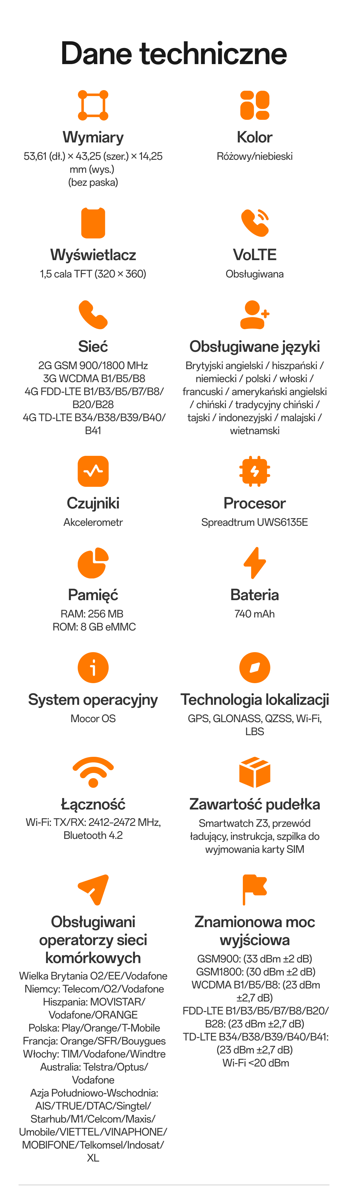 Hinweise zur imoo Watch Phone Z3: Produktinformationen und Nutzungsbedingungen auf orangefarbenem Hintergrund.