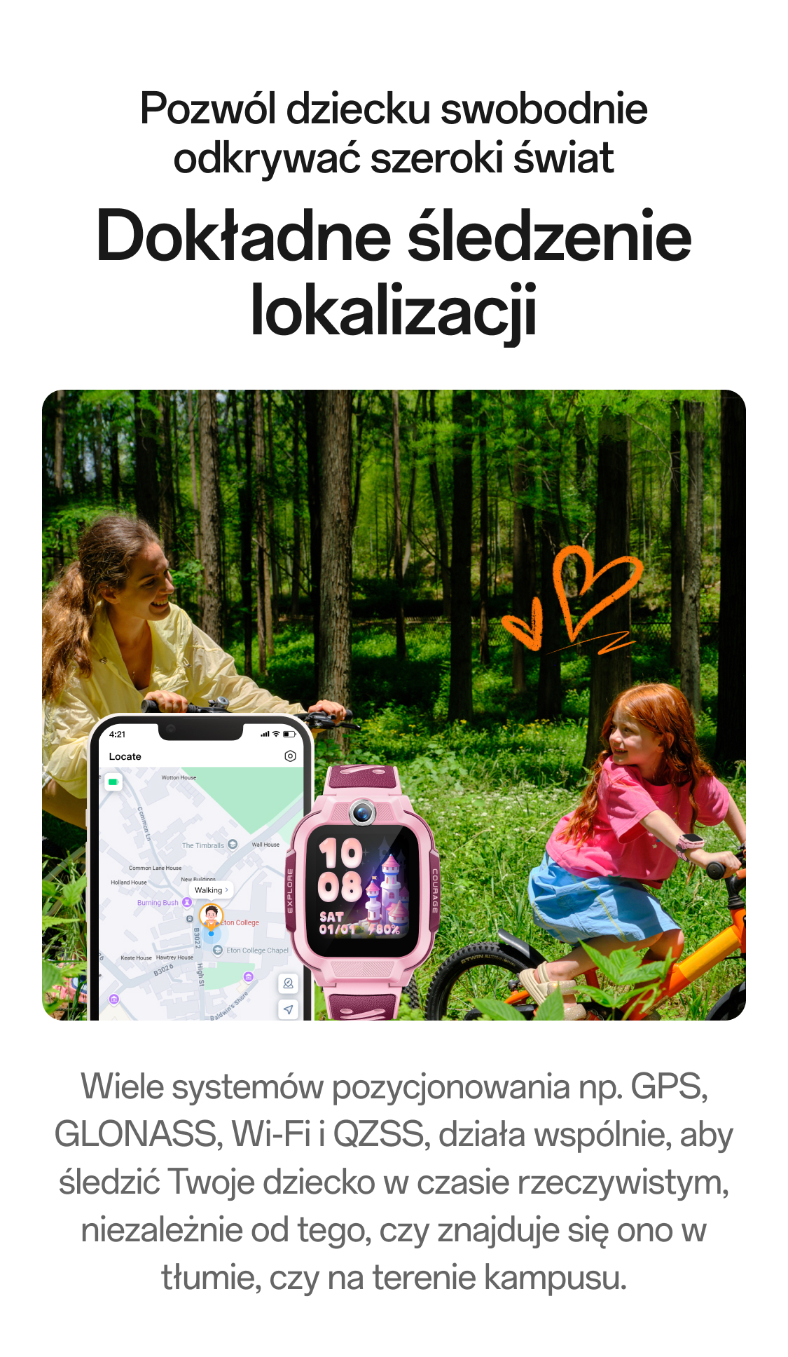 imoo Z3: Kindersicherheit beim Radfahren im Wald. Handy zeigt 'Locate' App, Kind mit Uhr ist genau verfolgbar.