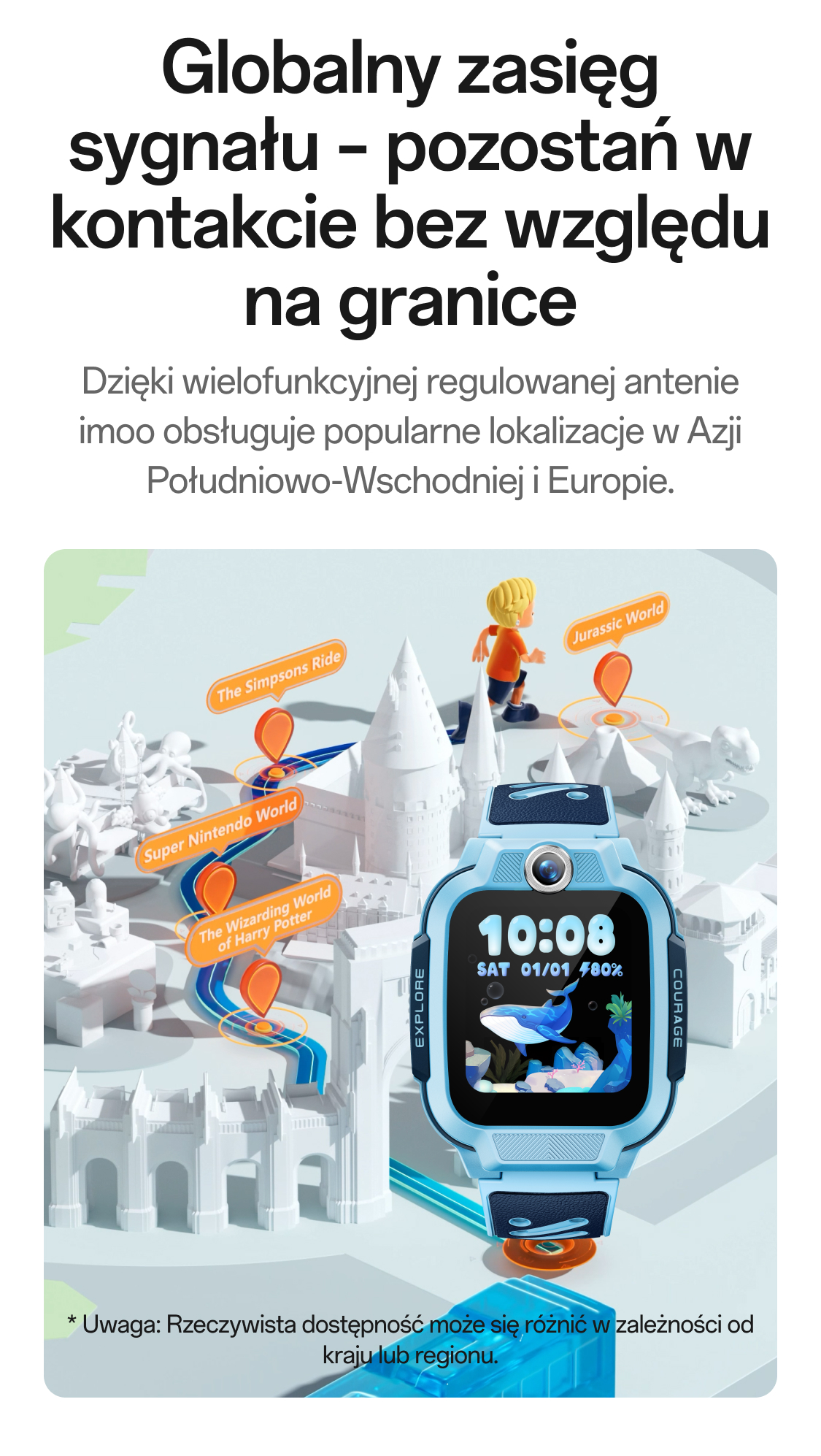 imoo Z3 globale Netzabdeckung: Weltkarte mit orangefarbenen Standort-Pins und leuchtenden Verbindungen. Produktseite.