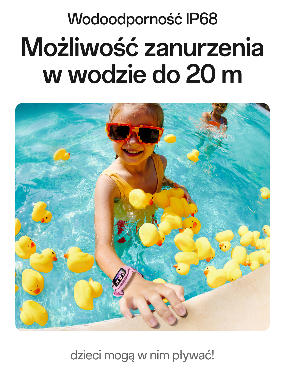 imoo Watch Phone Z3 rosa zeigt IP68 Wasserbeständigkeit beim Schwimmen im Pool mit Quietscheentchen, Produktseite