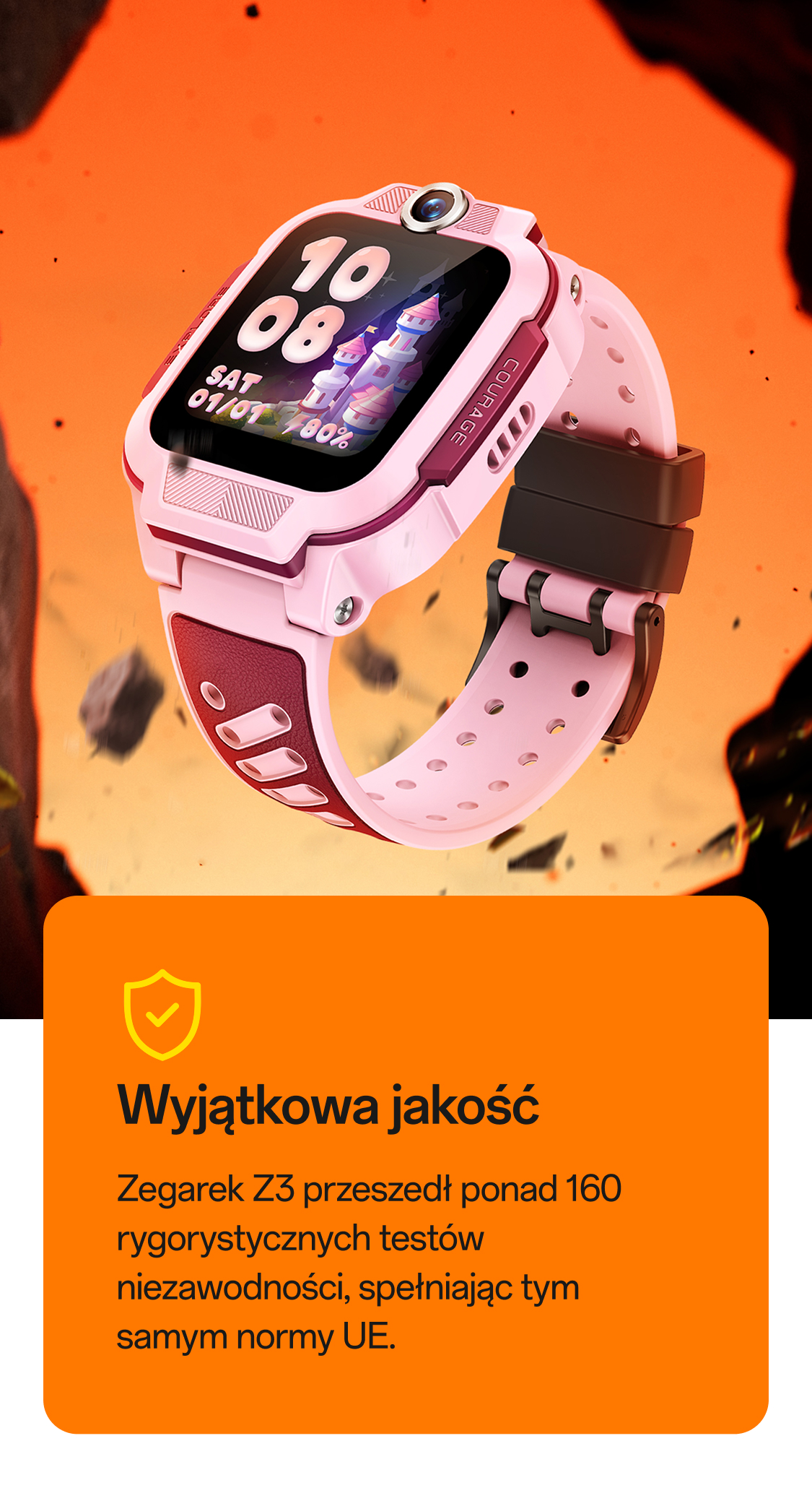 imoo Watch Phone Z3 Rosa Kinder-Smartwatch mit Burg-Zifferblatt, 'Hervorragende Qualität' Banner.