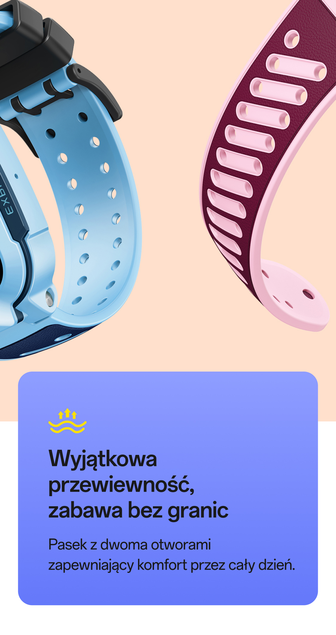 imoo Z3 Kinderuhr Armbänder: Hellblau und Bordeauxrot mit Doppel-Loch-Design für ganztägigen Tragekomfort. Produktseite.