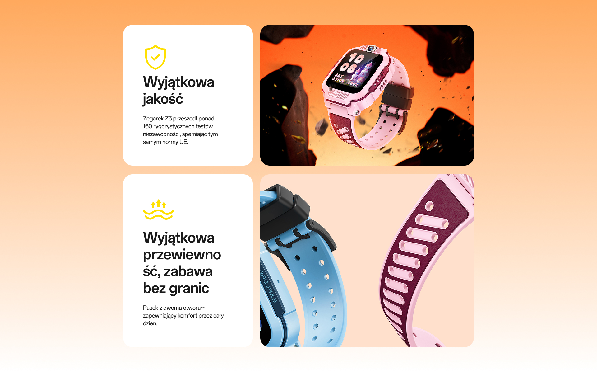 imoo Watch Phone Z3 Pink/Blue: Robust, comfortable strap with double-hole design. Product page feature.