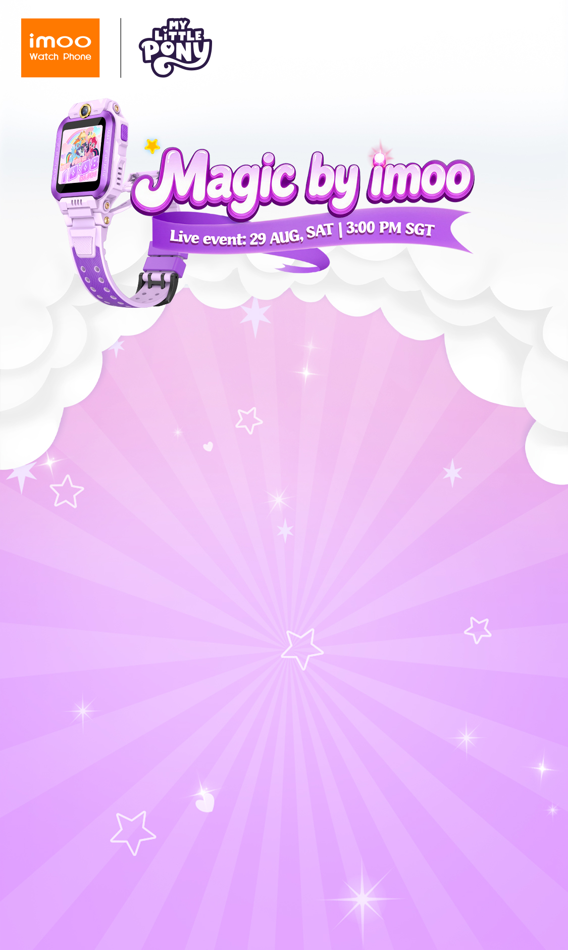 "Magic by imoo mobile livestream banner featuring an imoo Watch Phone and My Little Pony branding, live on 29
  August at 3:00 PM SGT