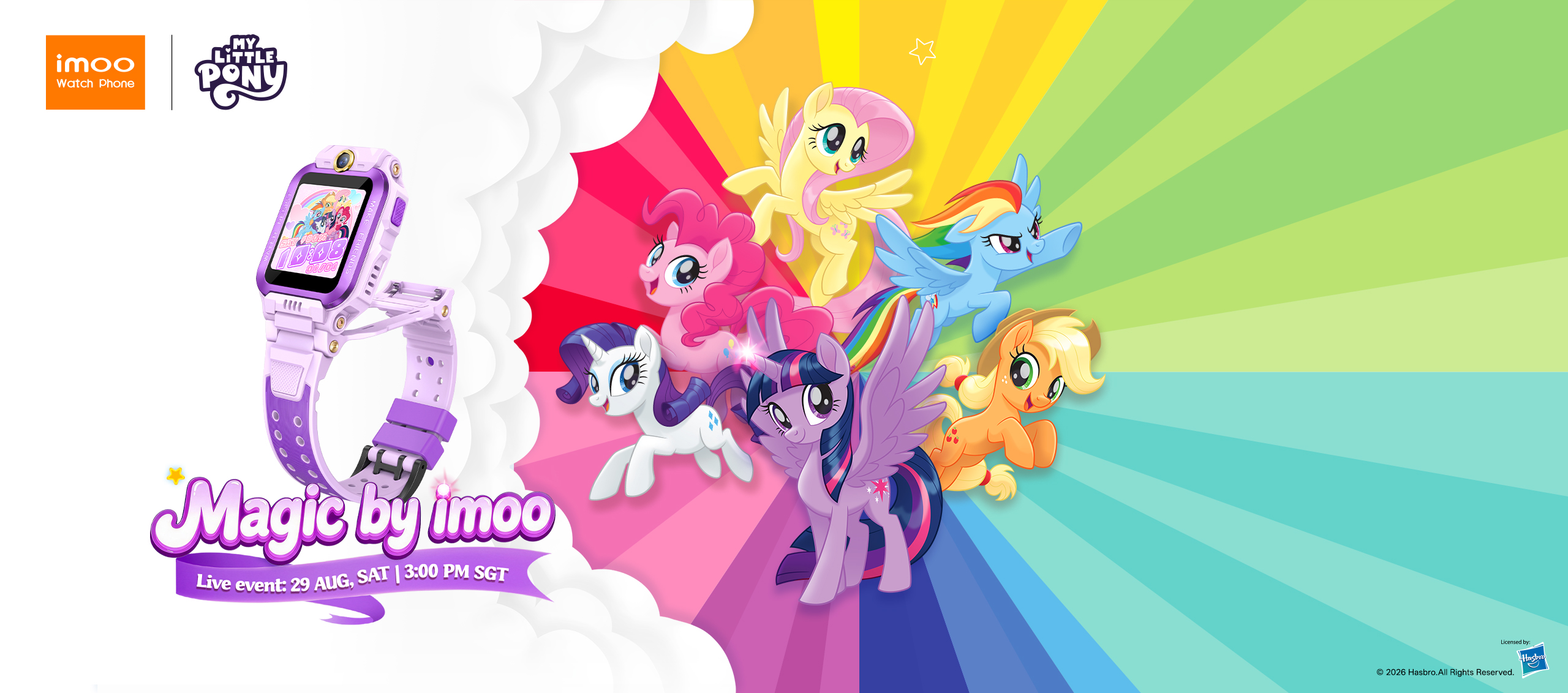 Magic by imoo livestream banner featuring an imoo Watch Phone and My Little Pony characters, live on 29 August at
  3:00 PM SGT