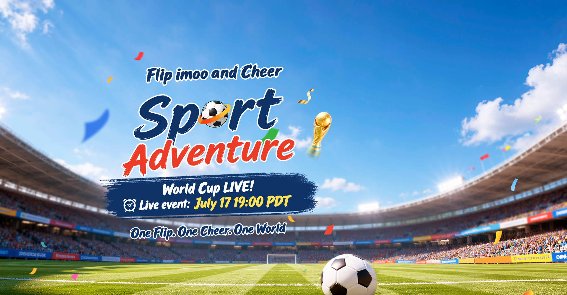 Flip imoo and Cheer — Sport Adventure. World Cup LIVE! Live event: July 17, 19:00 PDT. One Flip. One Cheer. One World.