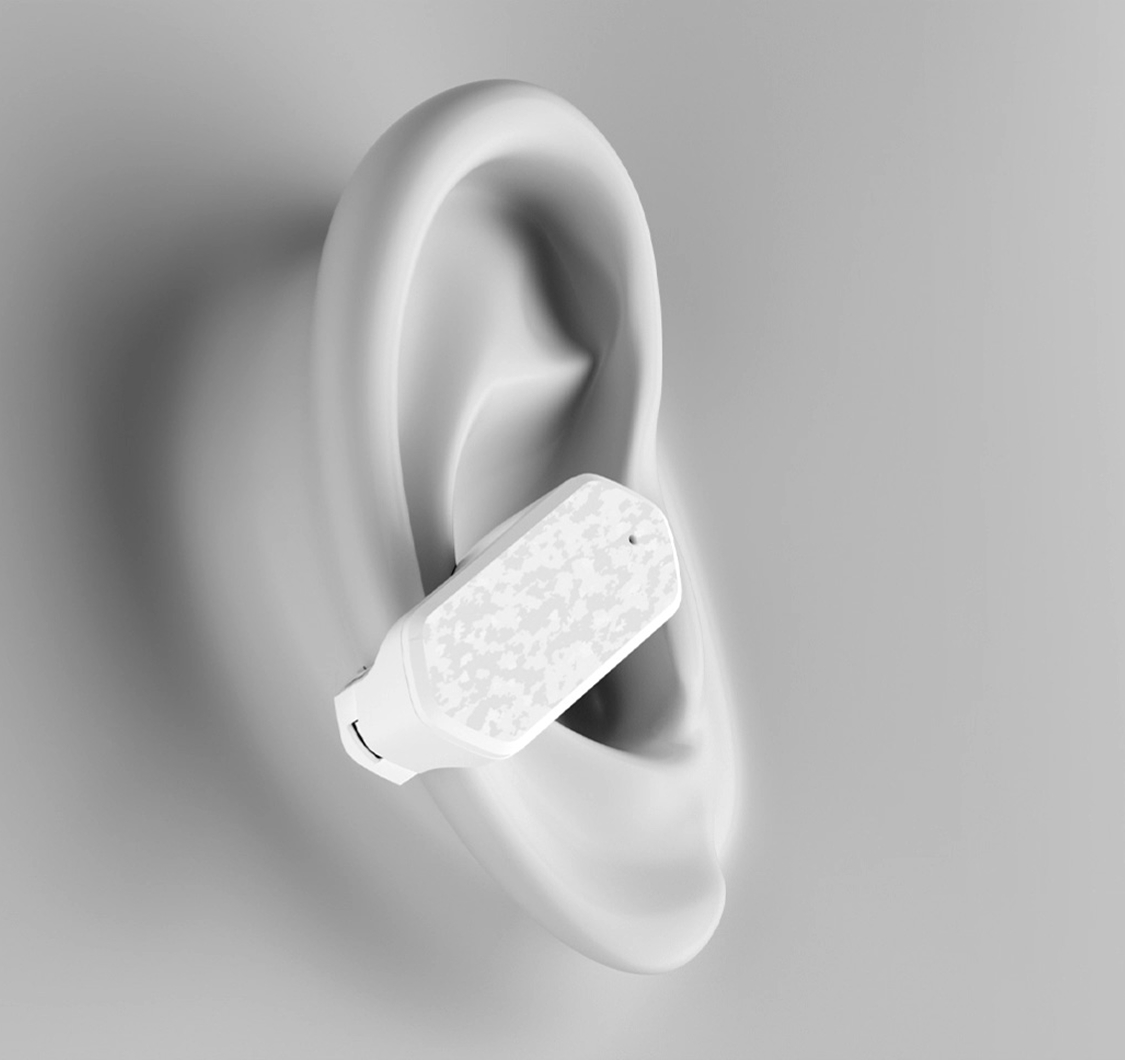 imoo Openbuds E5 einzelner transparenter Ohrbügel mit silbernen Elementen auf Produktdetailseite