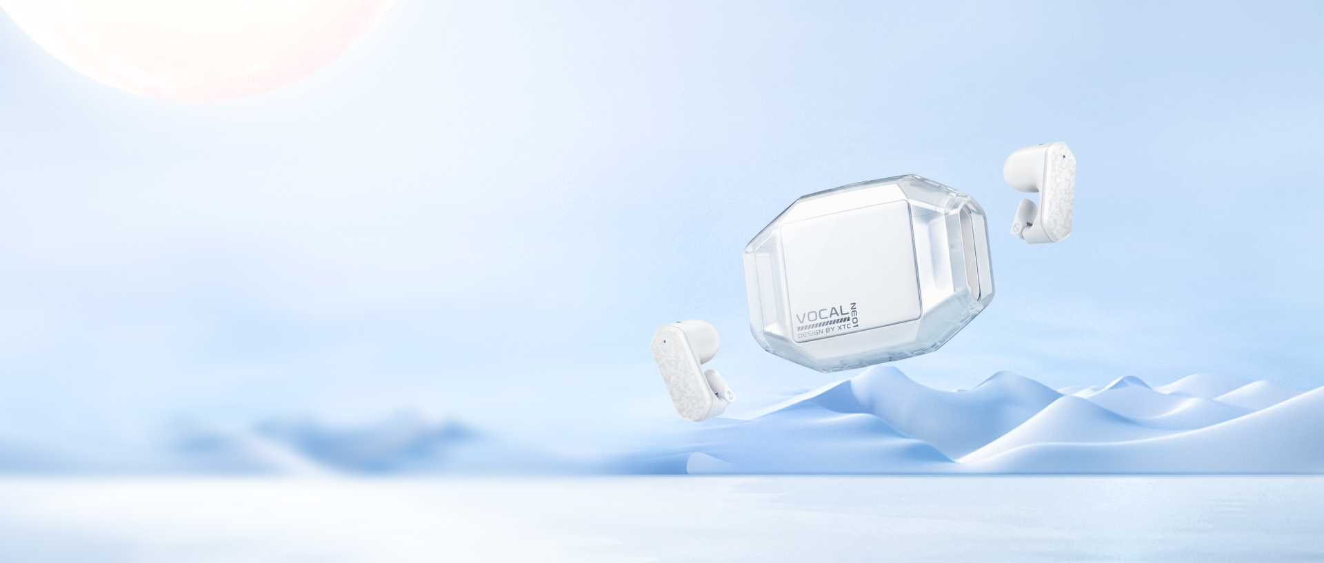 imoo Openbuds E5 Kopfhörer mit transparentem Ladecase auf eisblauem Hintergrund mit Sonne und Schnee, Produktpräsentation