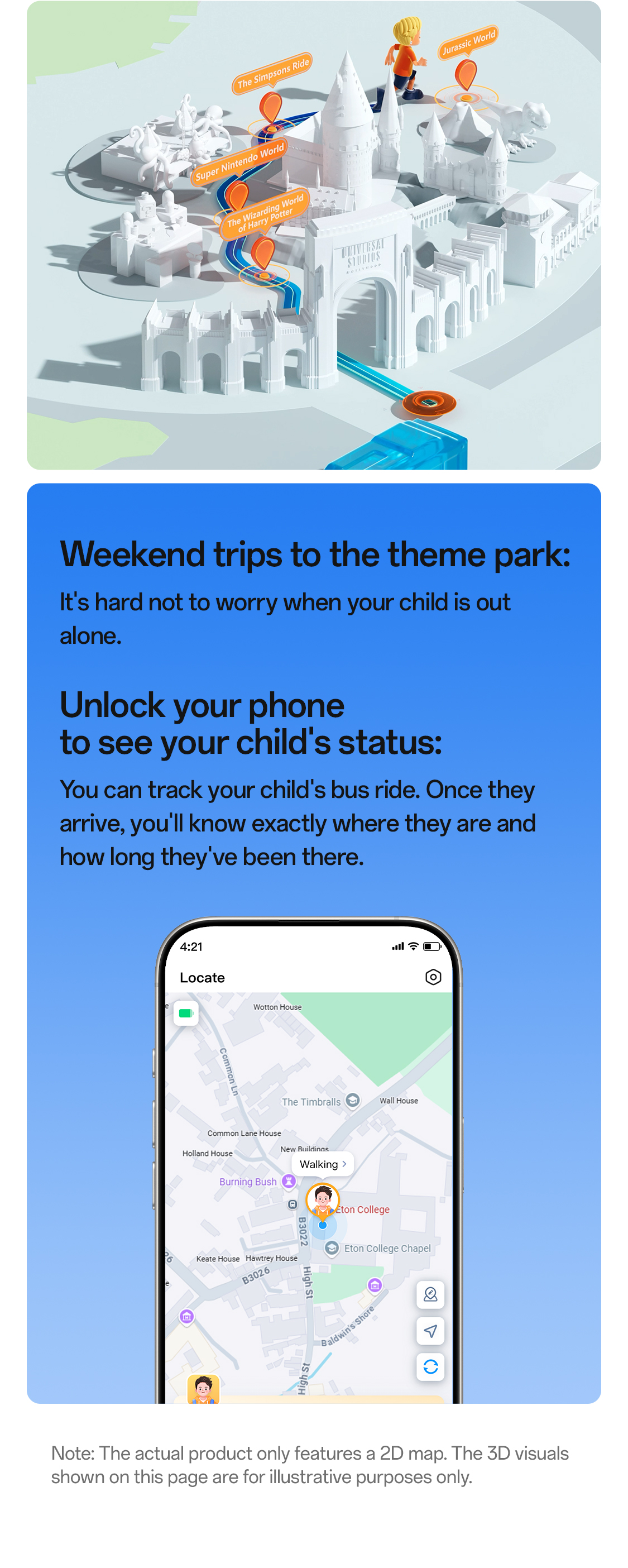 imoo Watch Phone X10 Standortverfolgung im Freizeitpark via 'Locate'-App auf Smartphone. Produktseite.