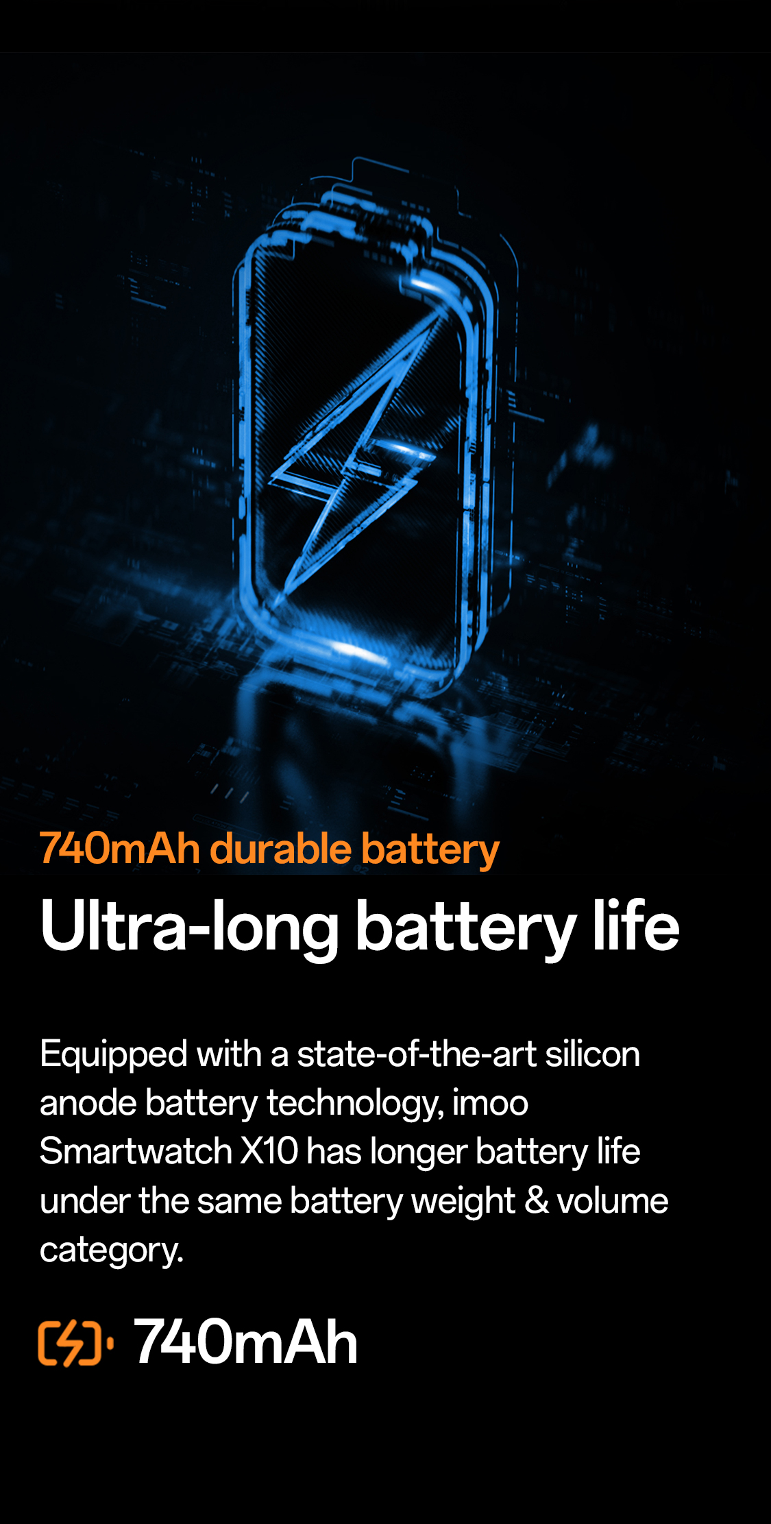 imoo Watch Phone X10: 740 mAh Akku mit Blitzsymbol, betont ultralange Laufzeit. Produktseite.