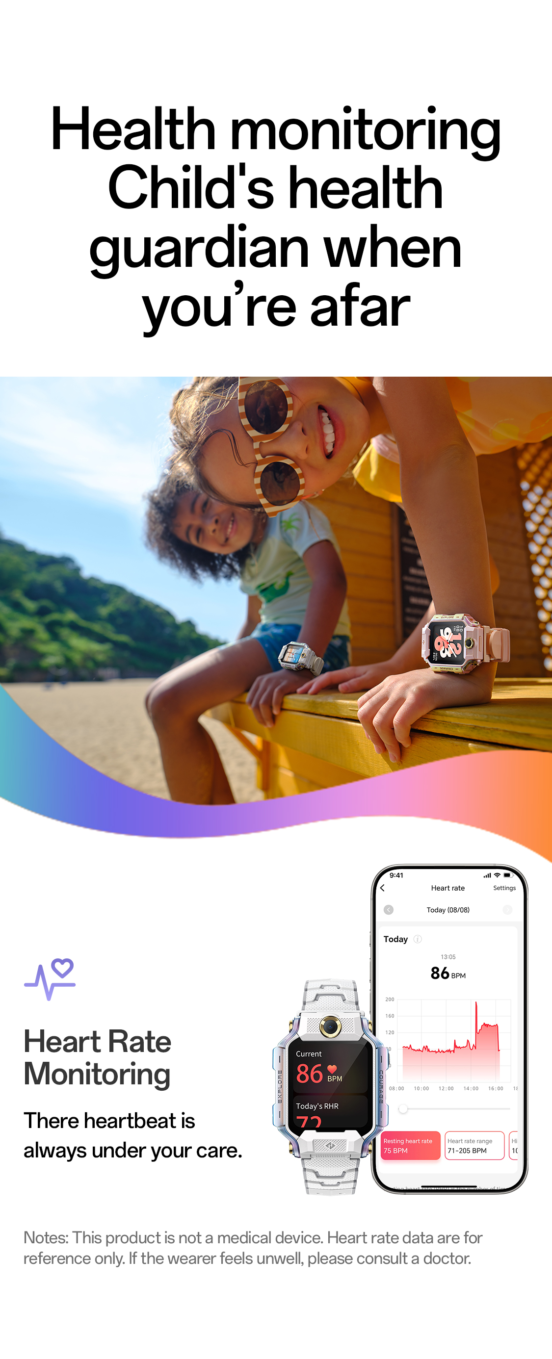 imoo Watch Phone X10 zeigt Herzfrequenzmessung bei Kindern und die dazugehörige App. Produktseite.