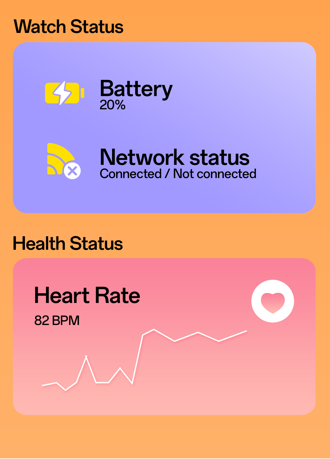 Watch status battery 20 percent network status health status heart rate 82 BPM