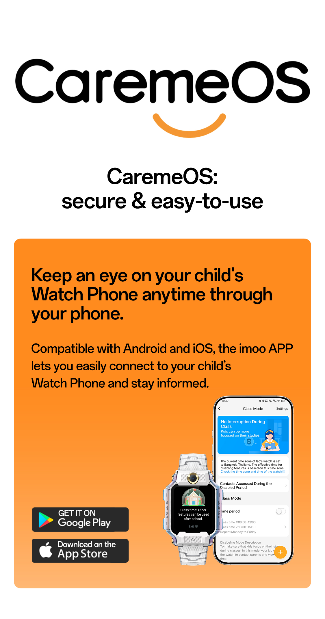 imoo Watch Phone X10 Kindersicherung: Schlafmodus, Klassenmodus, App-Verwaltung, Bildschirmzeit. Produktseite.