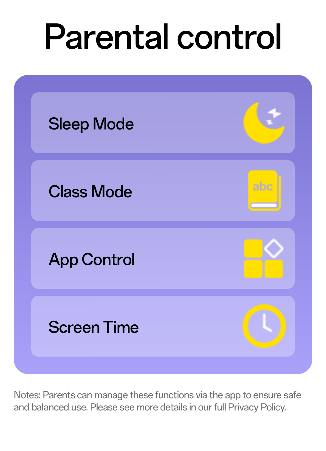 Parental control sleep mode class mode app control screen time manage via app