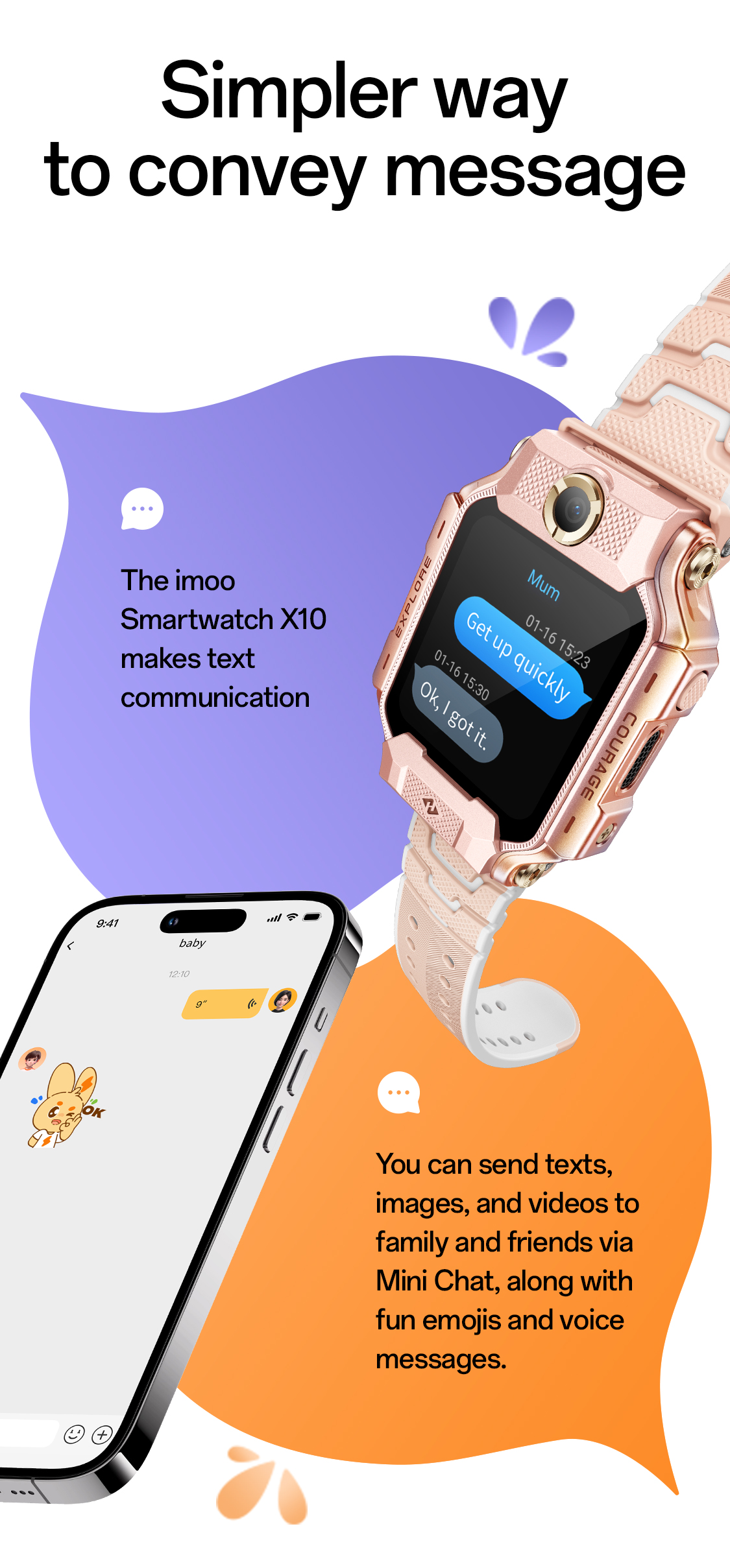 imoo Watch Phone X10: Zwei Kinder vergleichen ihre Uhren im Freien, um Freunde hinzuzufügen. Grau und Roségold Varianten.