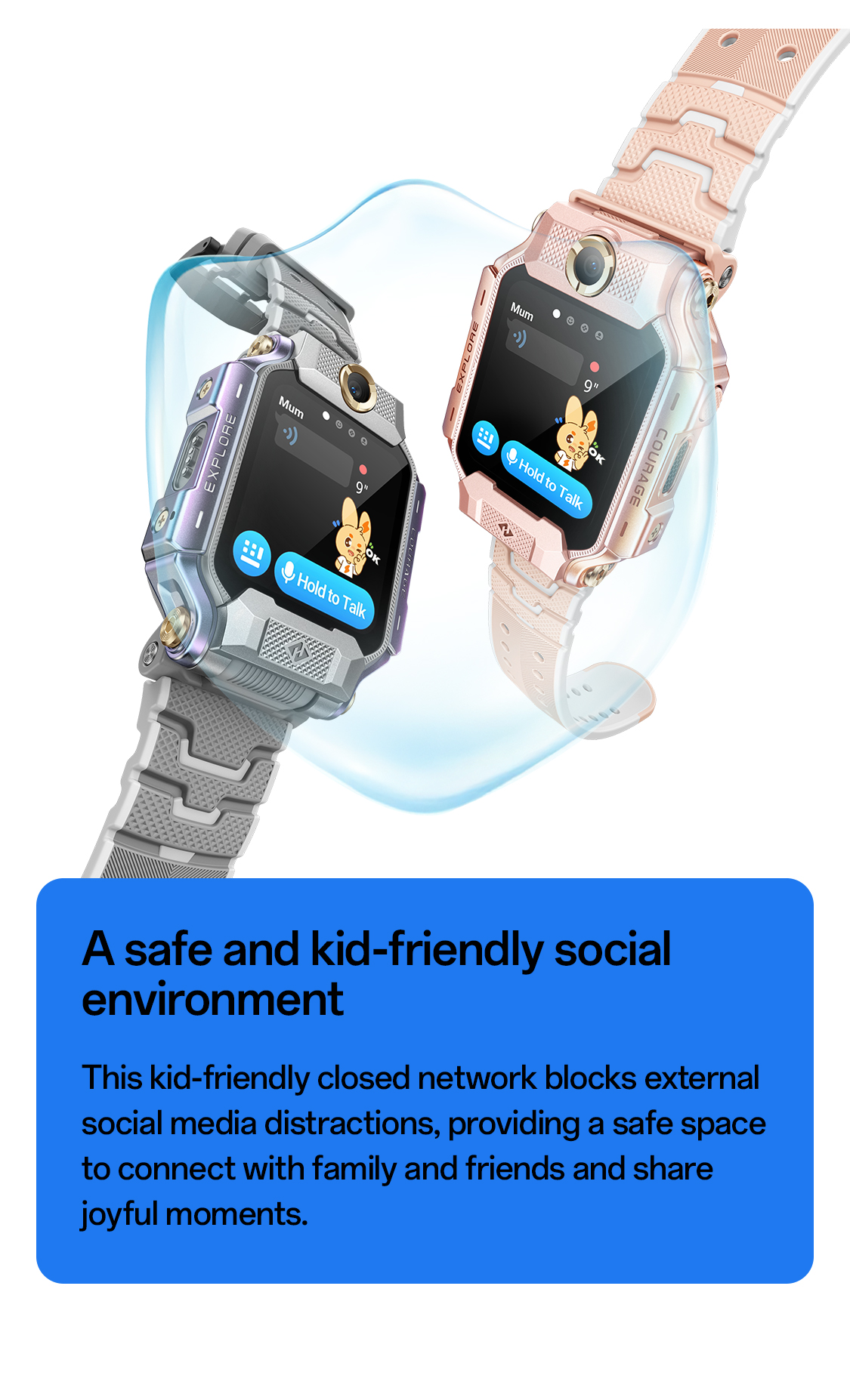 Kind mit rosafarbener imoo X10 Uhr schwimmt, sichere Anruffunktion