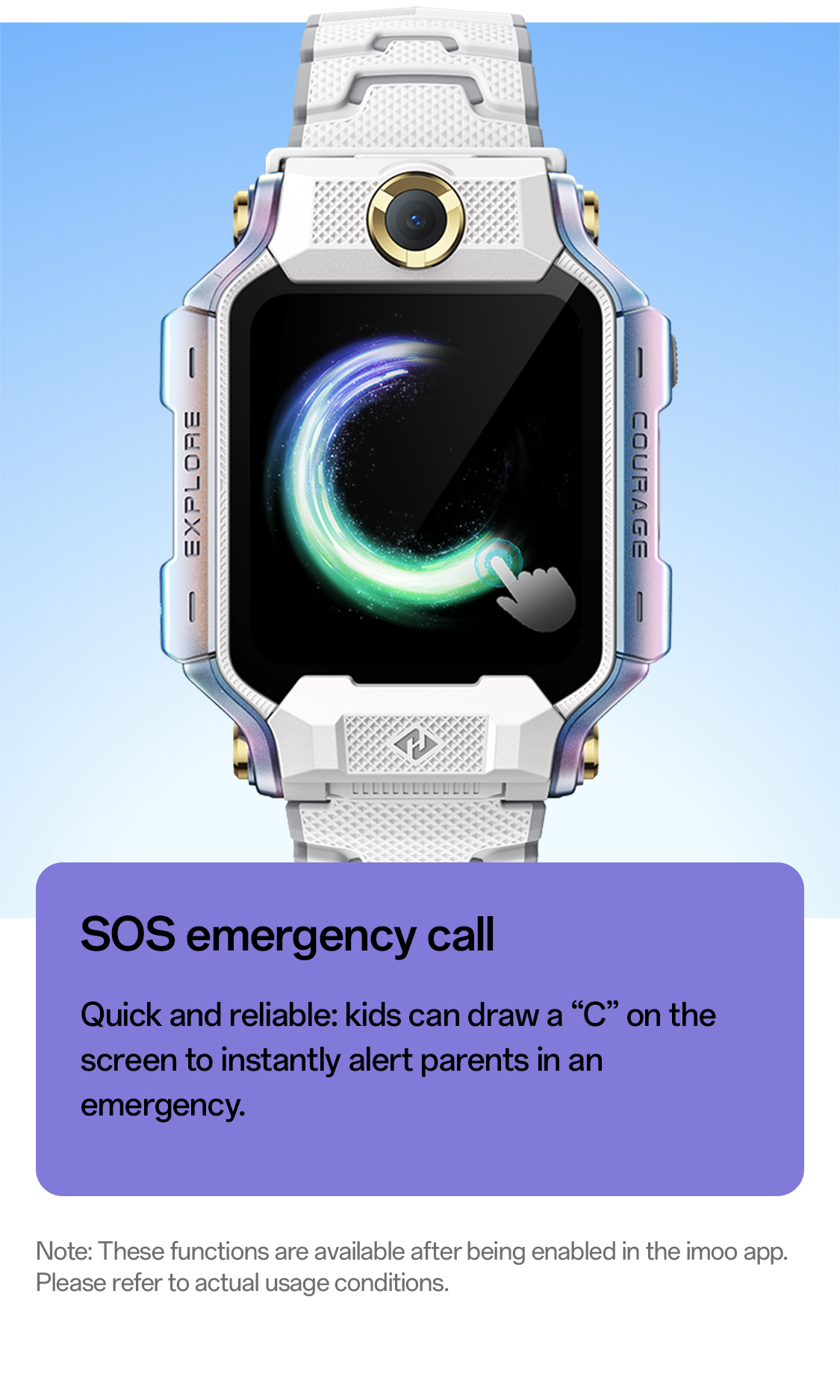 Vier Kinder mit imoo Watch Phone X10 in Rosa, Weiß und Grau zeigen Dual-Kamerafunktionen. Produktfoto.