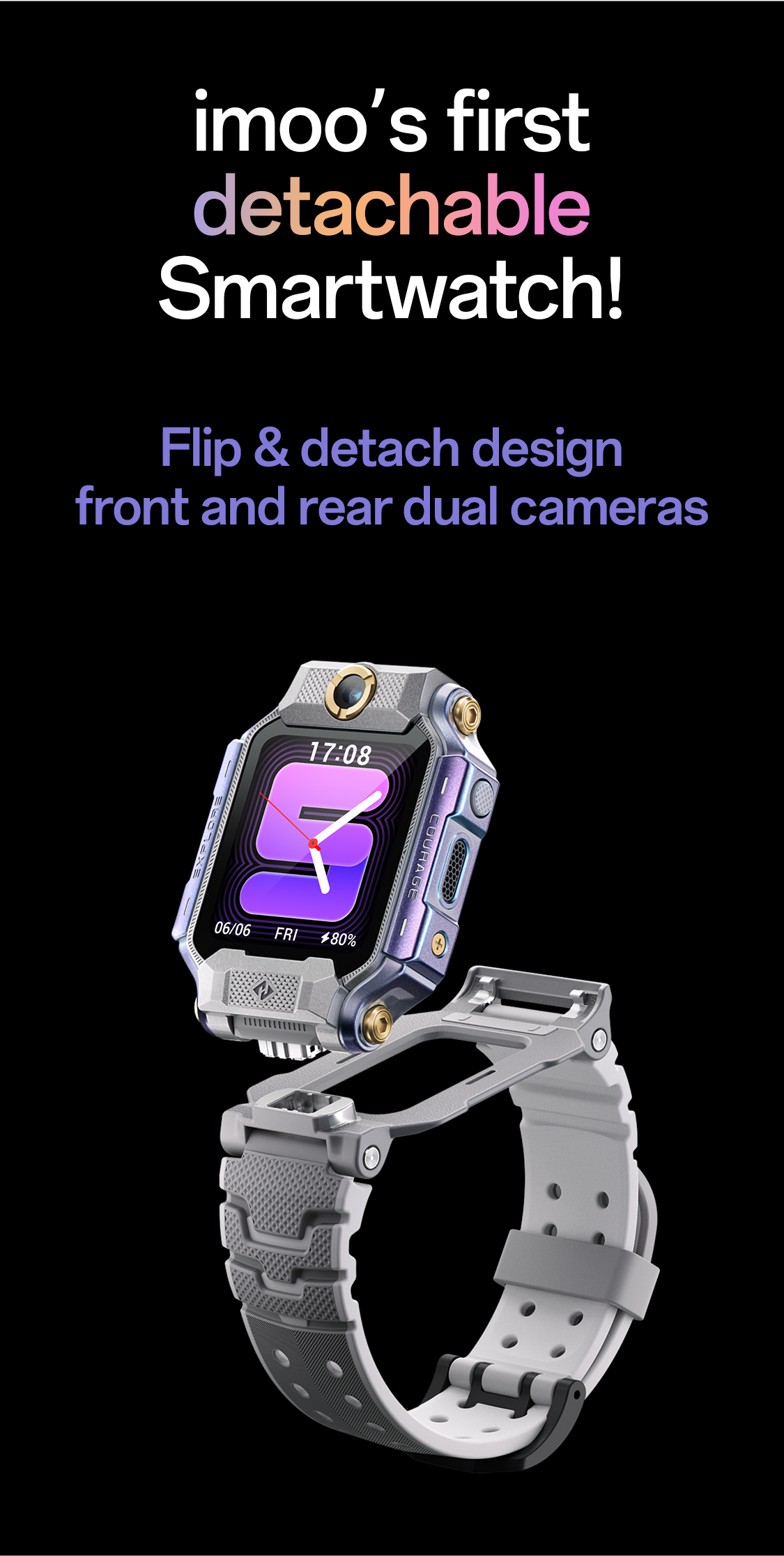 imoo Watch Phone X10 mit abnehmbarem Flip-Design und Dual-Kameras auf Vorder- und Rückseite, Grau und Weiß. Produktseite.