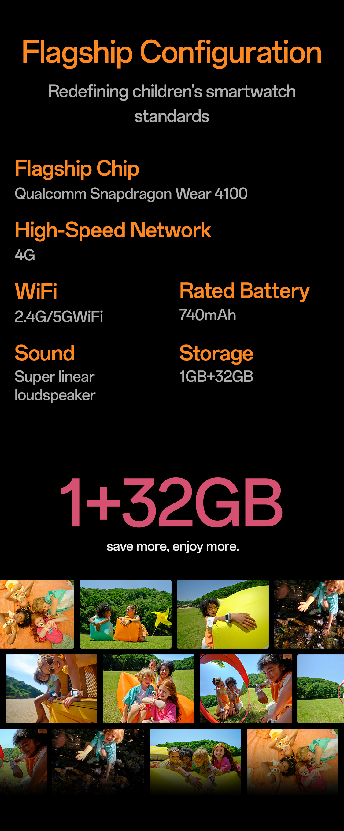 Flagship configuration Snapdragon Wear 4100 4G 2.4G 5G WiFi super linear loudspeaker 740mAh 1GB RAM 32GB storage