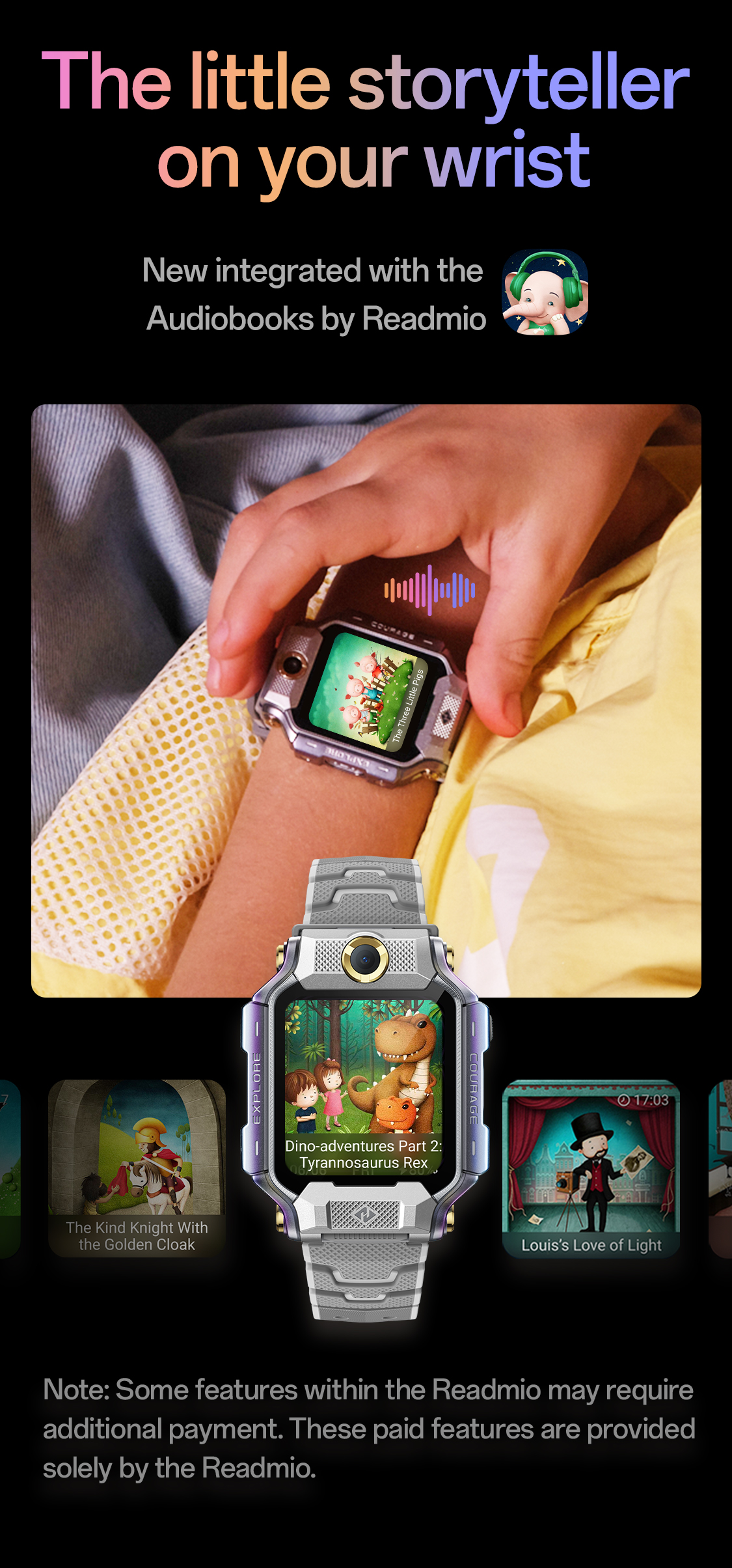 Storyteller on wrist integrated with Readmio audiobooks some features require payment