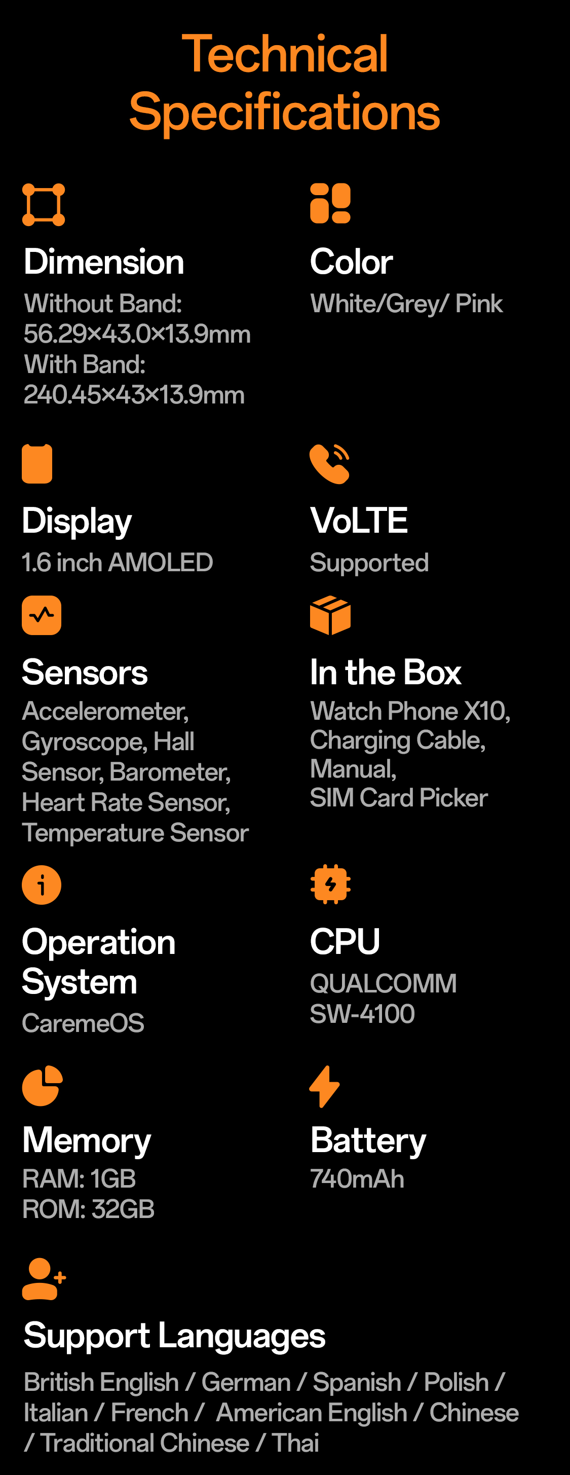 imoo Watch Phone X10 technische Daten: Abmessungen, Farben, Display, Akku, Konnektivität. Produktseite.