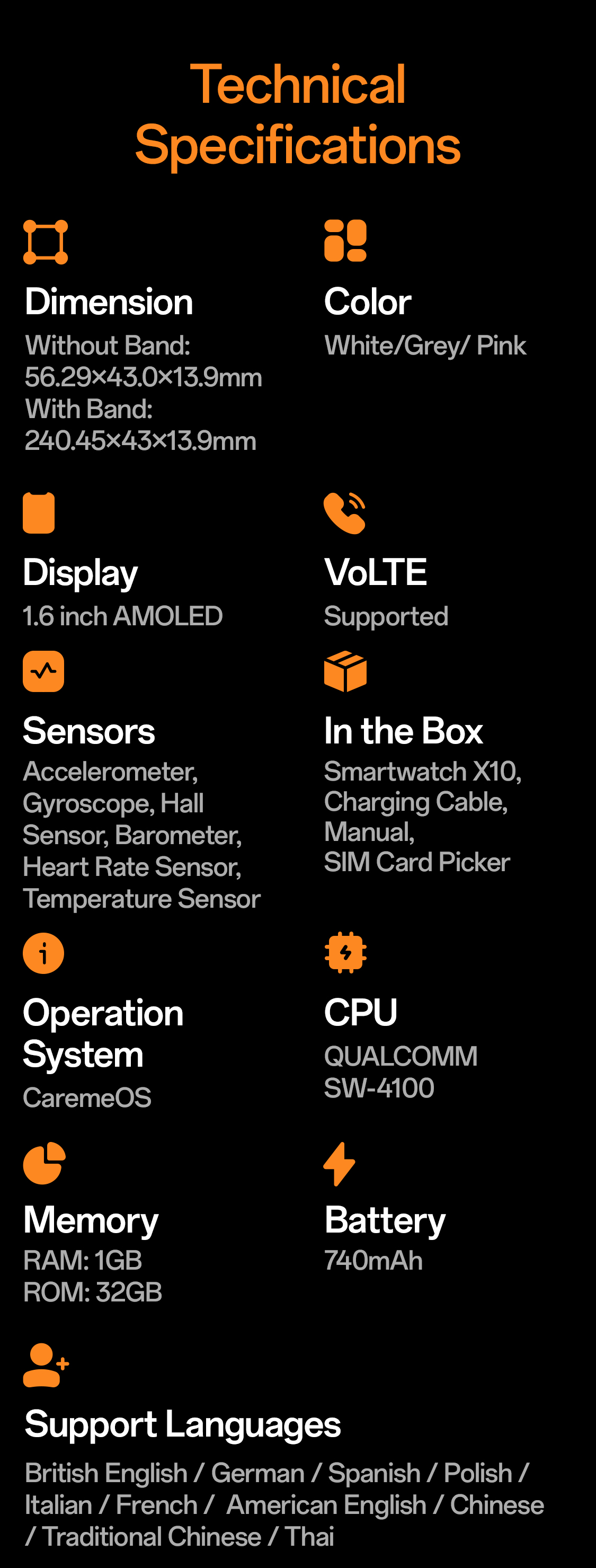 imoo Watch Phone X10 technische Daten: Abmessungen, Farben, Display, Akku, Konnektivität. Produktseite.