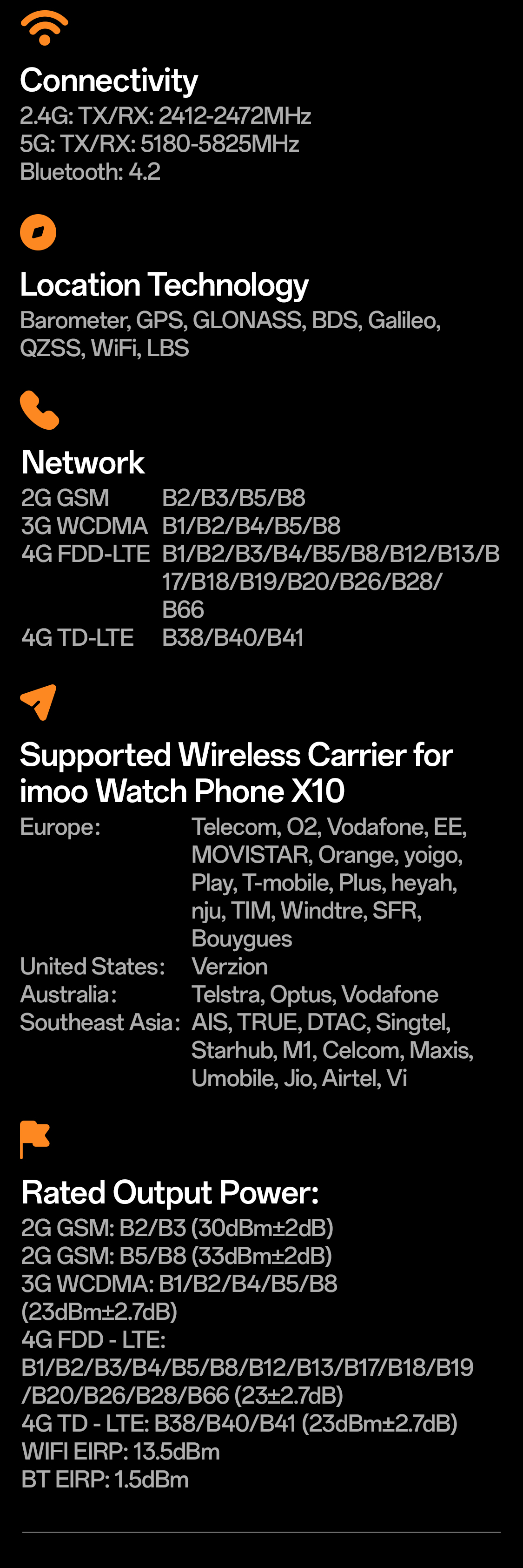 imoo Watch Phone X10 technische Daten: Abmessungen, Farben, Display, Akku, Konnektivität. Produktseite.