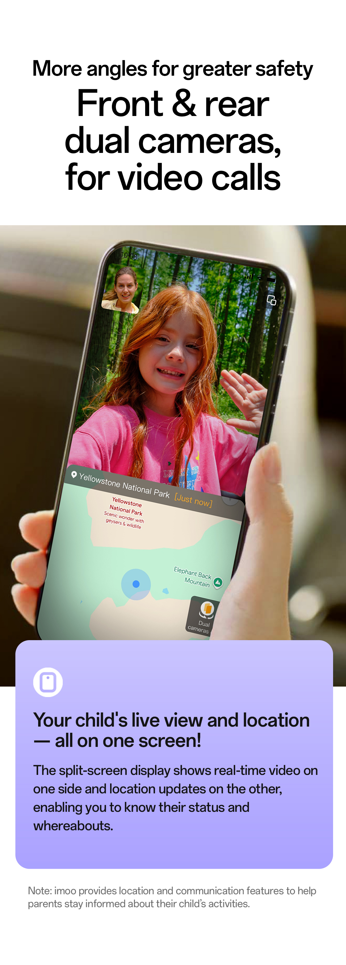 imoo Watch Phone X10: geteilter Bildschirm zeigt Videoanruf mit Kind im Wald und Standortkarte. Produktseite.