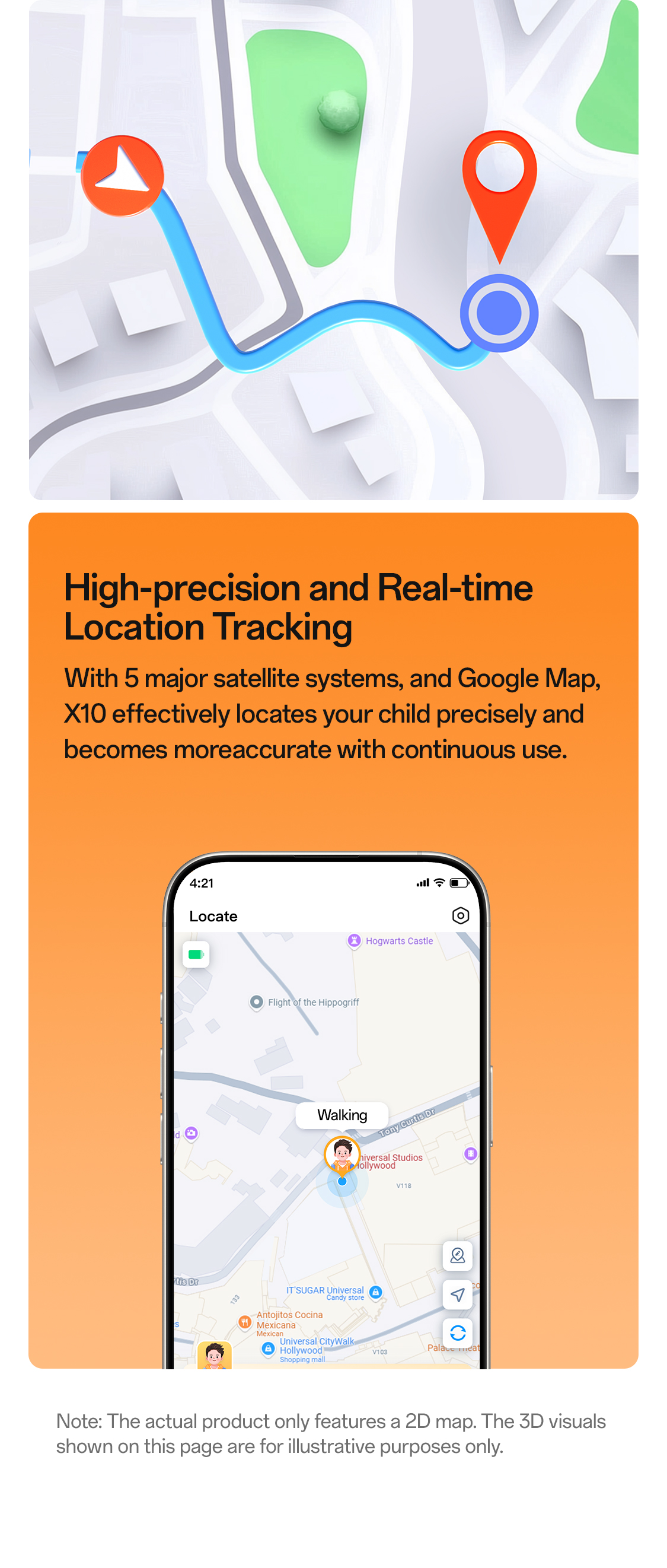 imoo Watch Phone X10: Standortverfolgung mit Karte und Kindersymbol auf dem Smartphone-Display. Produktseite.