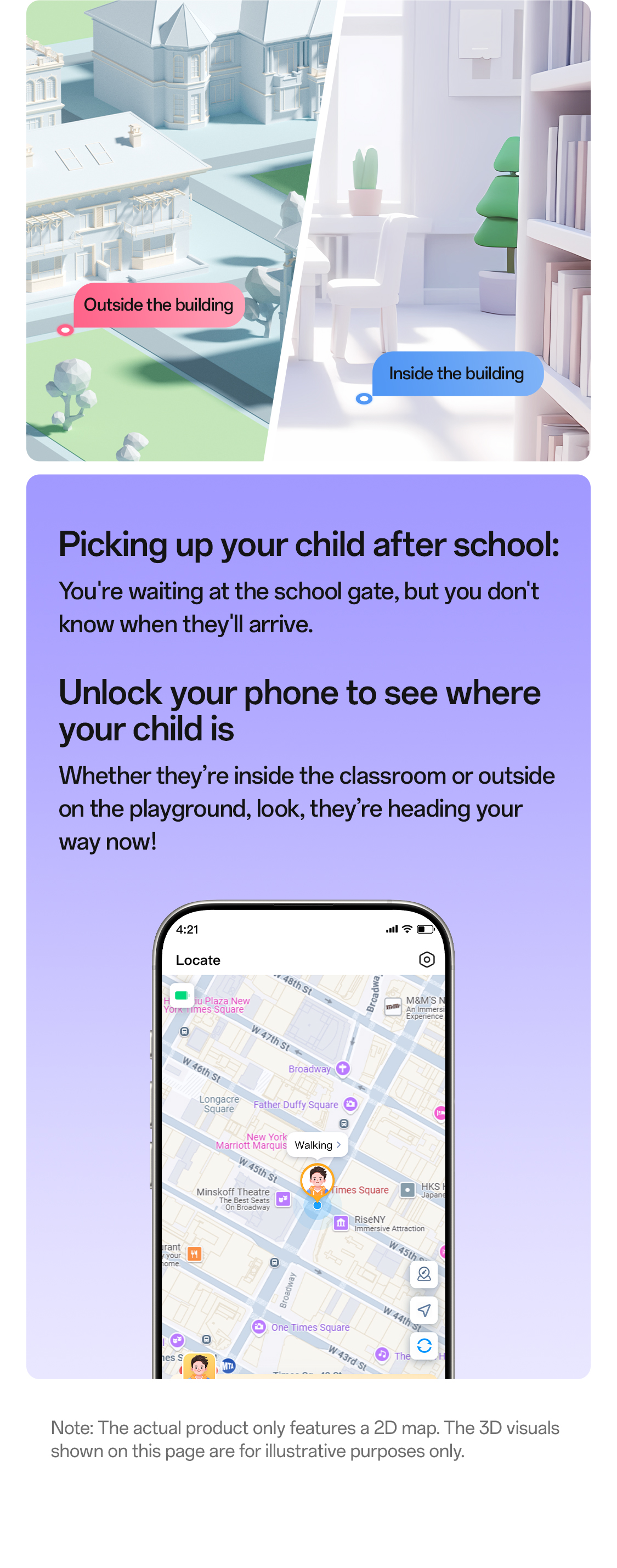 imoo Watch Phone X10 zeigt Kindesstandort auf Times Square Karte der Locate App. Produktseite.