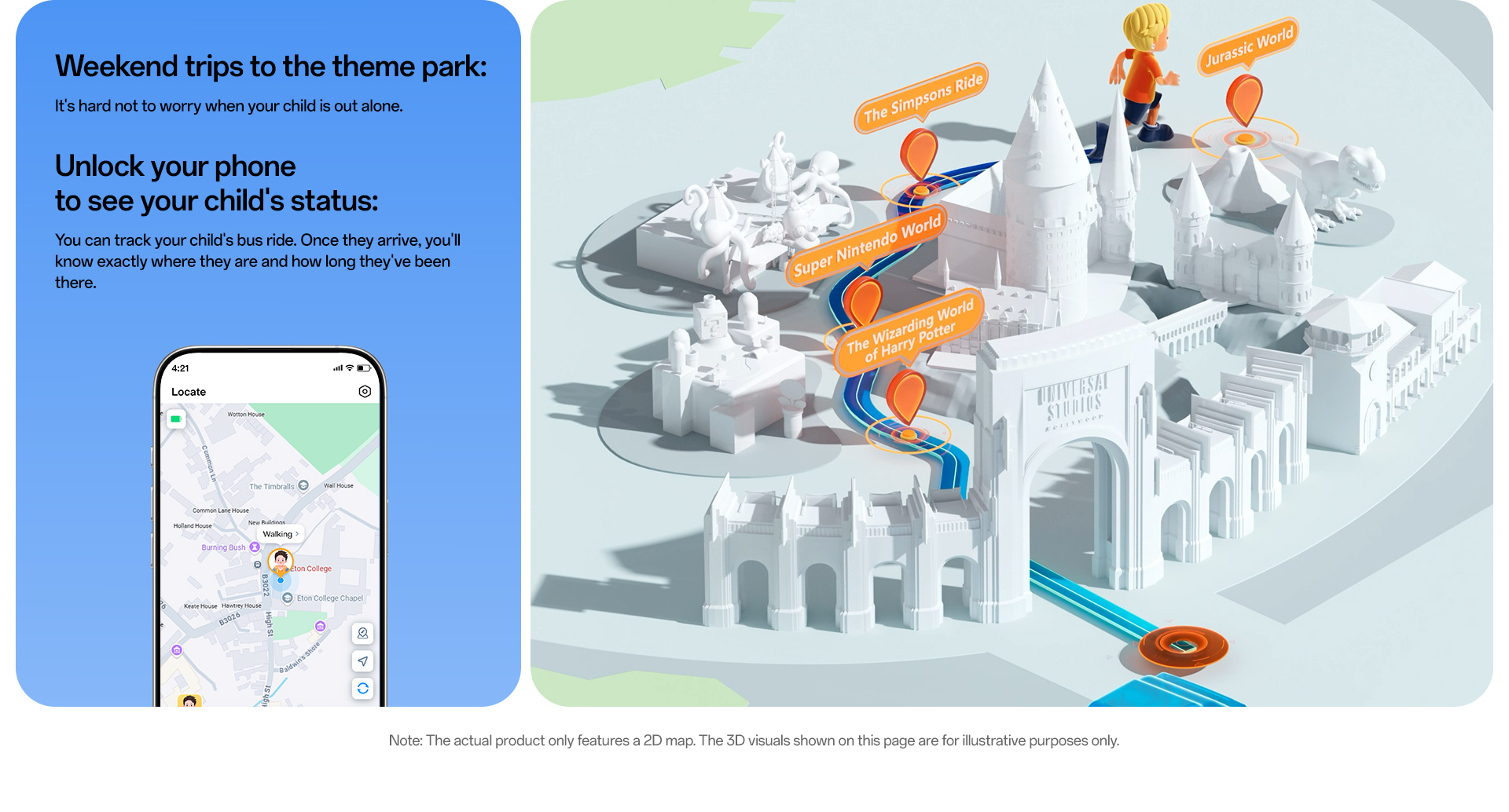 imoo Watch Phone X10 zeigt Standortverfolgung im Freizeitpark mit 'Locate'-App auf dem Smartphone. Produktseite.