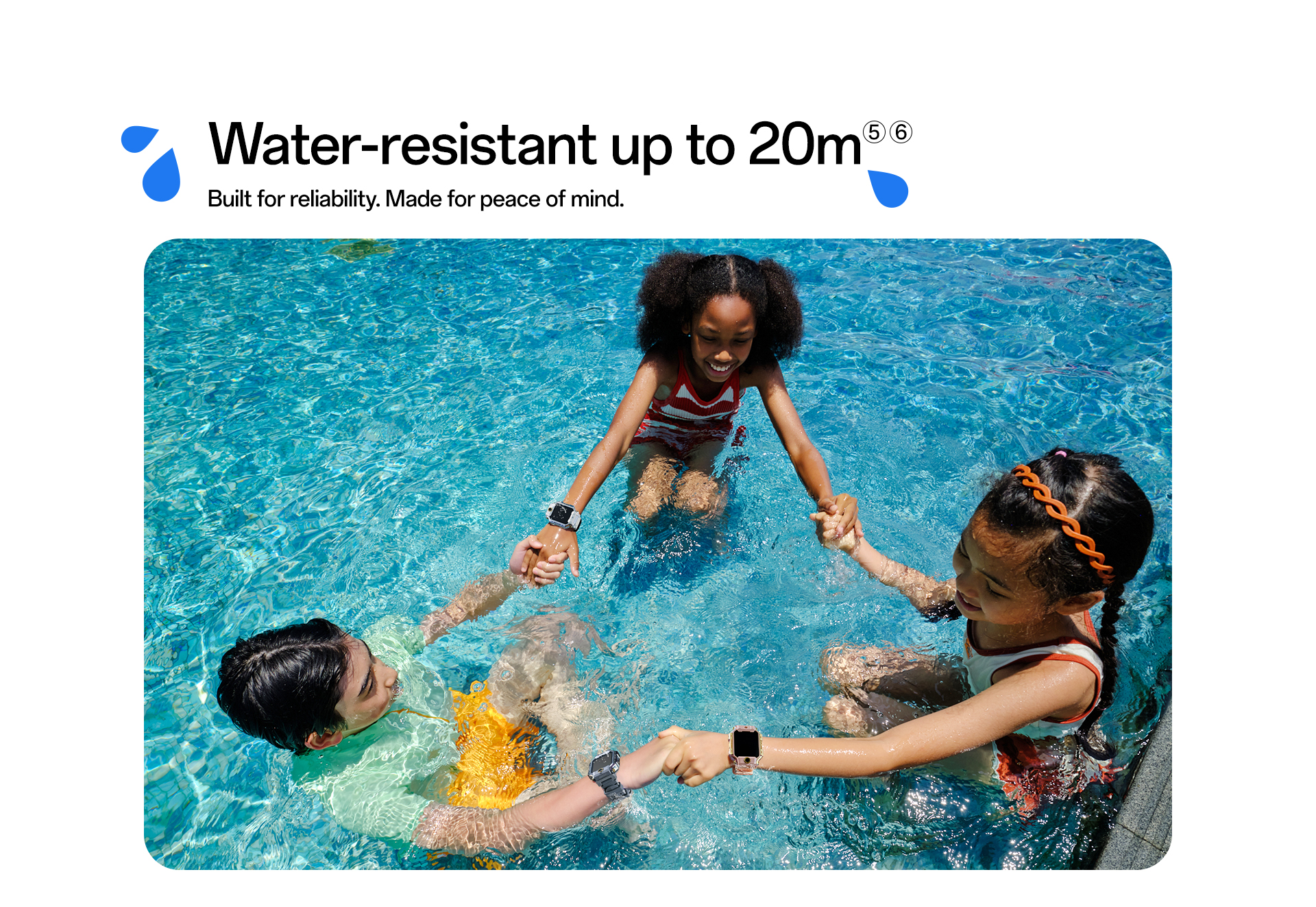 imoo X10 Smartwatch zeigt Wasserdichtigkeit: Kinder spielen lachend im Pool und tragen die Uhr, Produktseite