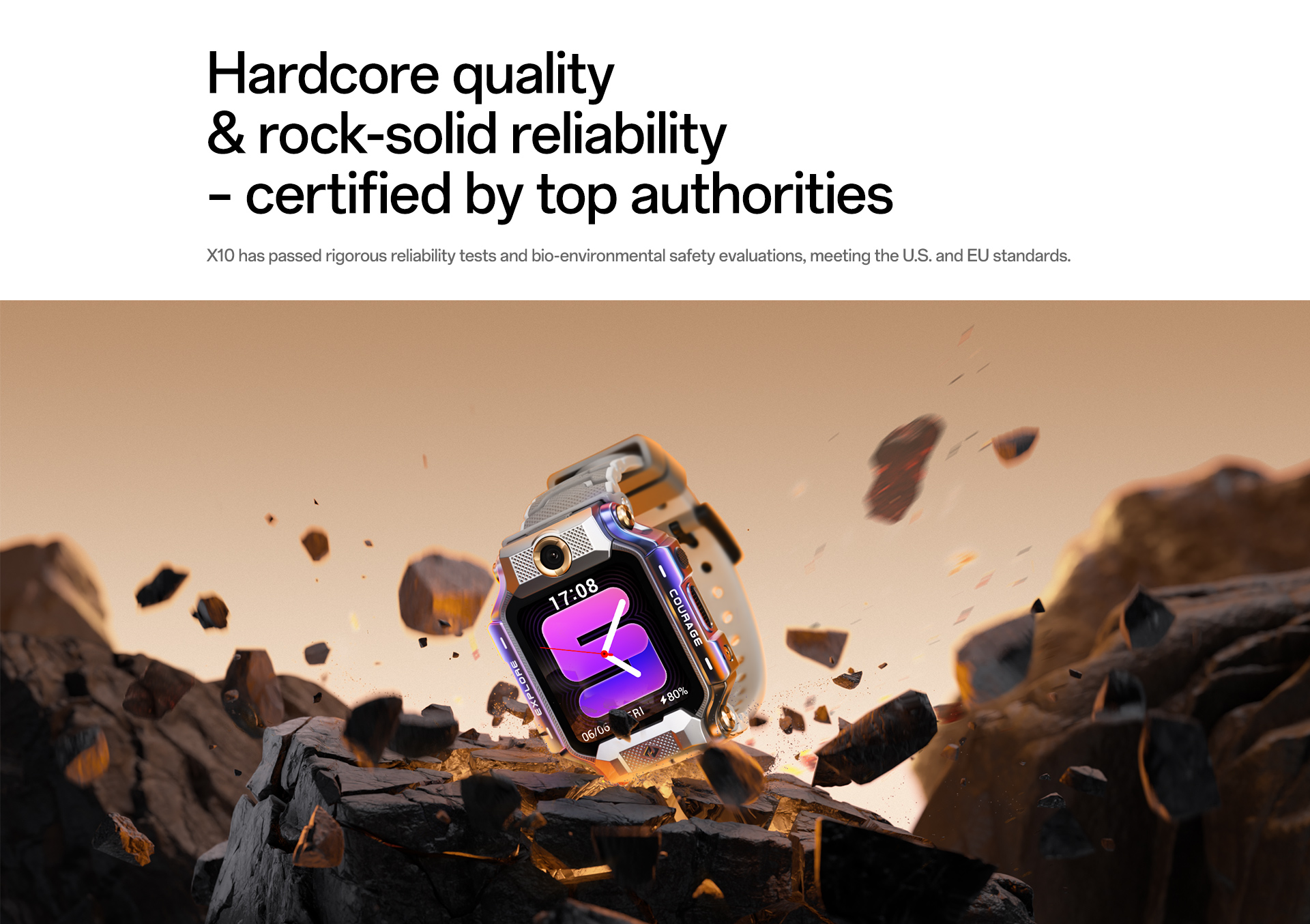 imoo Watch Phone X10, Silber, weißes Armband, dramatische Felslandschaft. Robustheit betont. Produktseite.