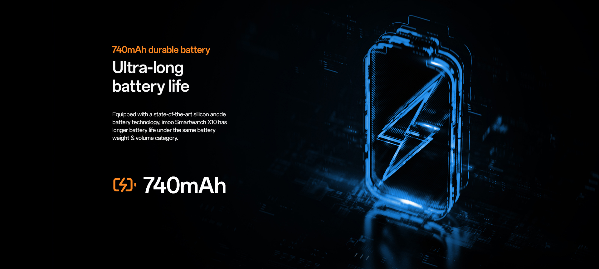 imoo Watch Phone X10 mit 740 mAh Akku, ultralange Laufzeit dank Siliziumanoden-Batterietechnologie, Produktseite