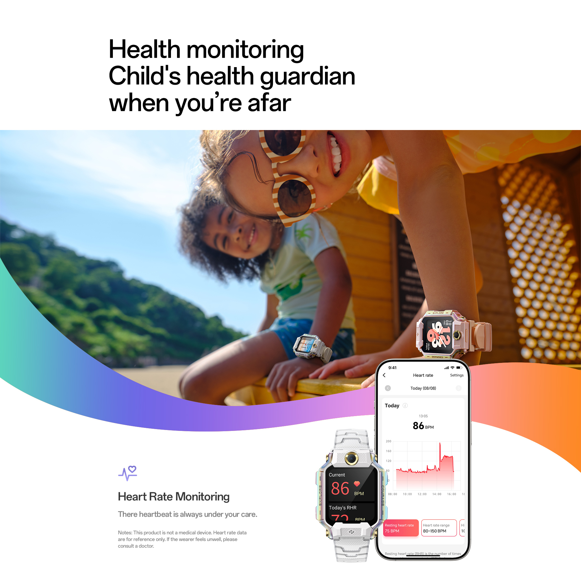 imoo Watch Phone X10 mit zwei Kindern im Freien, zeigt Herzfrequenzüberwachung auf einer Produktseite