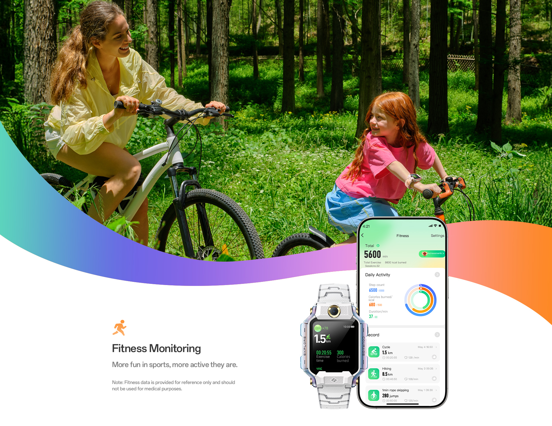 imoo Watch Phone X10 zeigt Fitness-Tracking beim Radfahren im Wald, Frau und Kind aktiv. Produktseite.