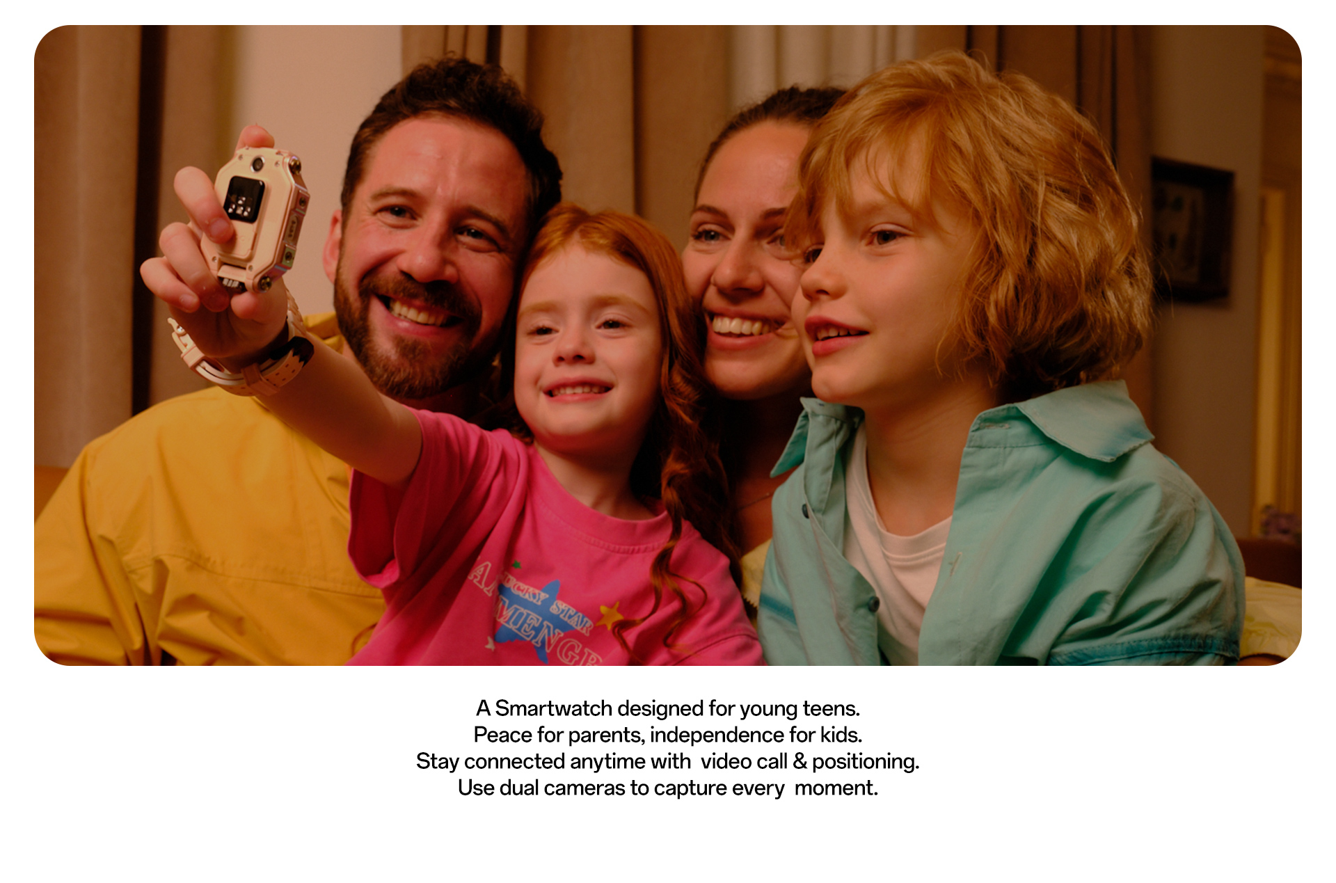 imoo Smartwatch X10 mit Familie beim Selfie, für Eltern und Kinder, Produktseite