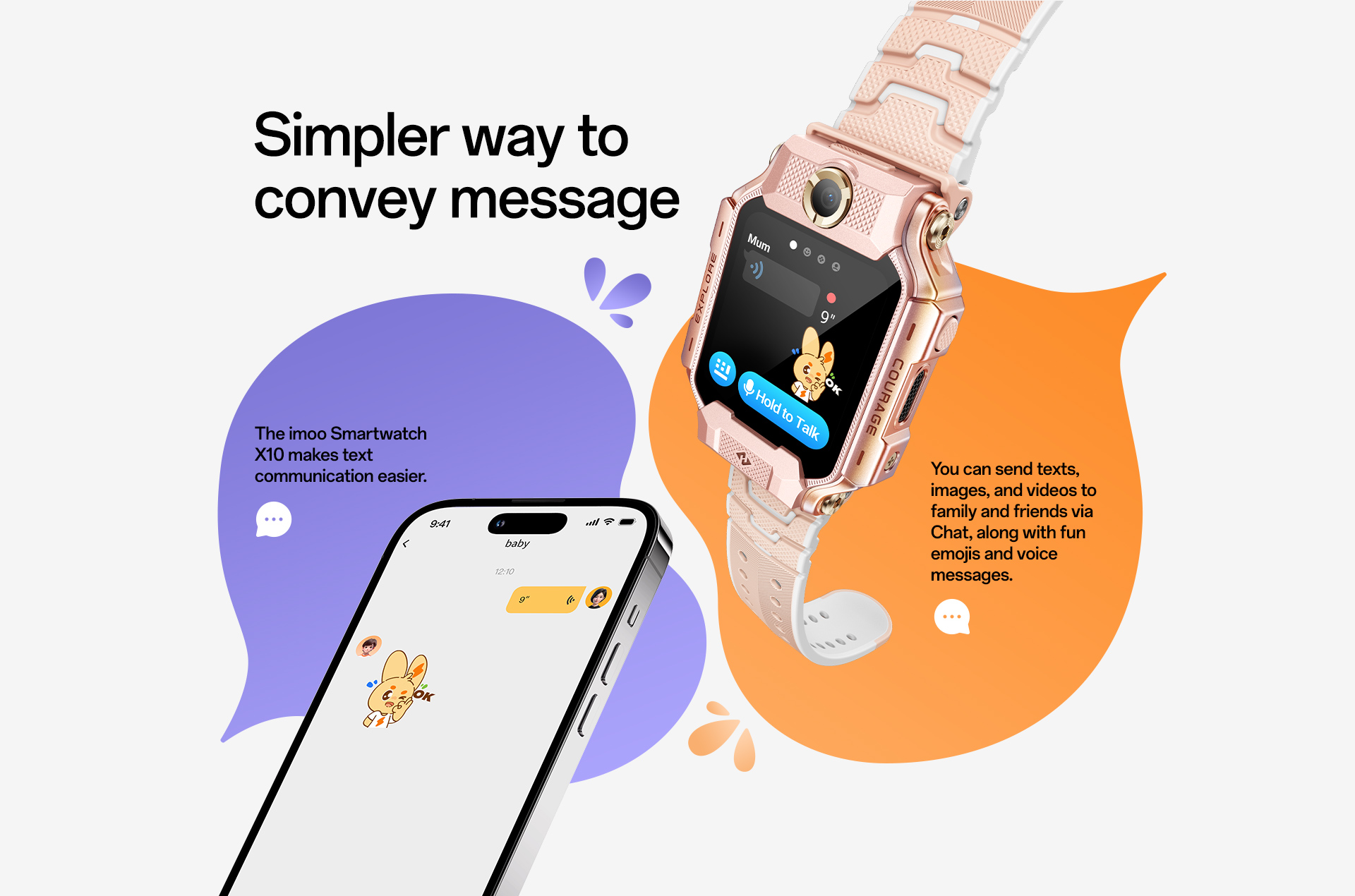 imoo Watch Phone X10 Roségold mit weißem Armband demonstriert Messaging-Funktion mit Smartphone-Chat-App, Seite: Produktseite