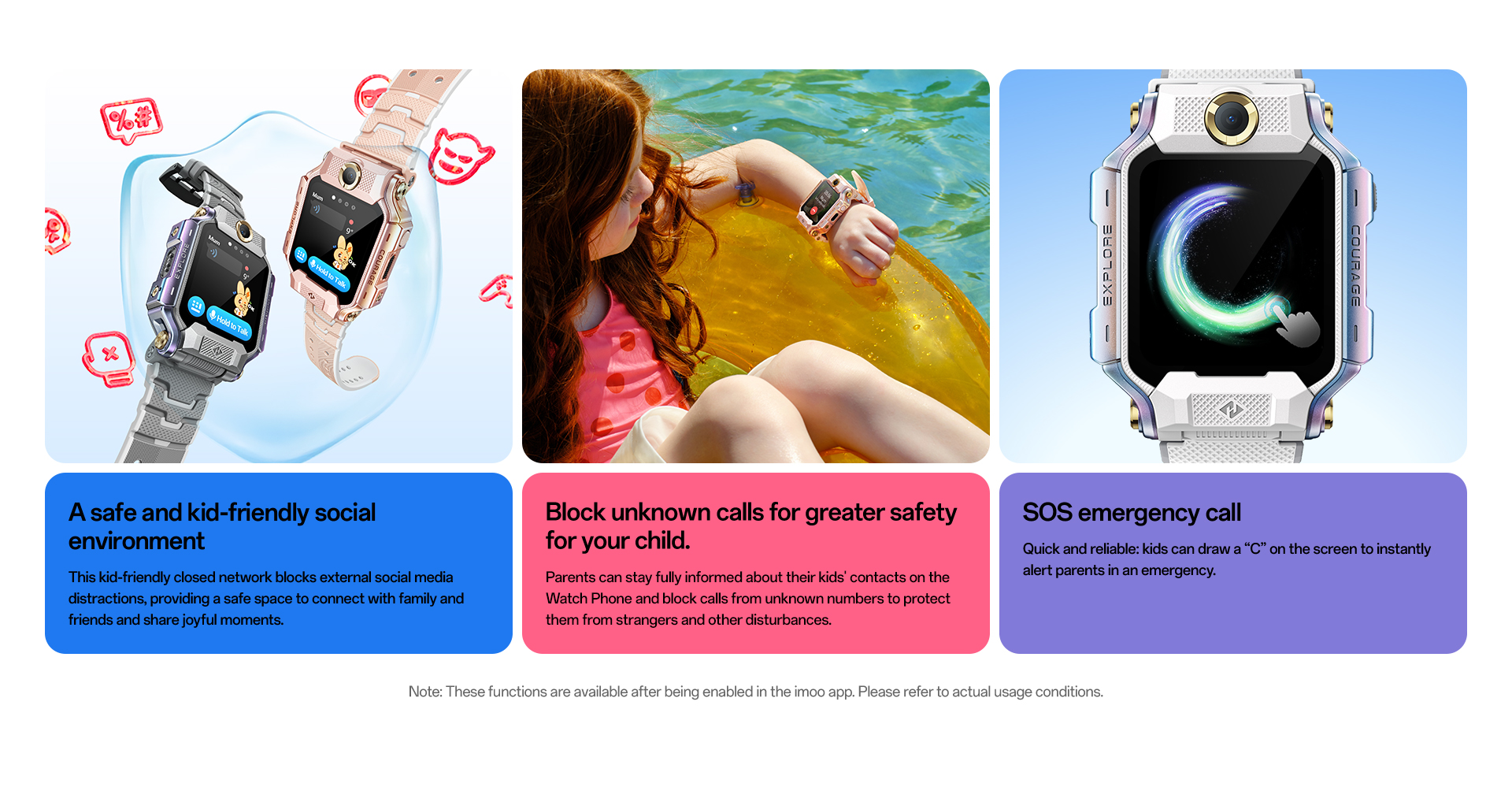 imoo Watch Phone X10: Grau und Roségold Varianten, Kind am Pool, weiße Uhr mit SOS-Funktion. Produktseite.