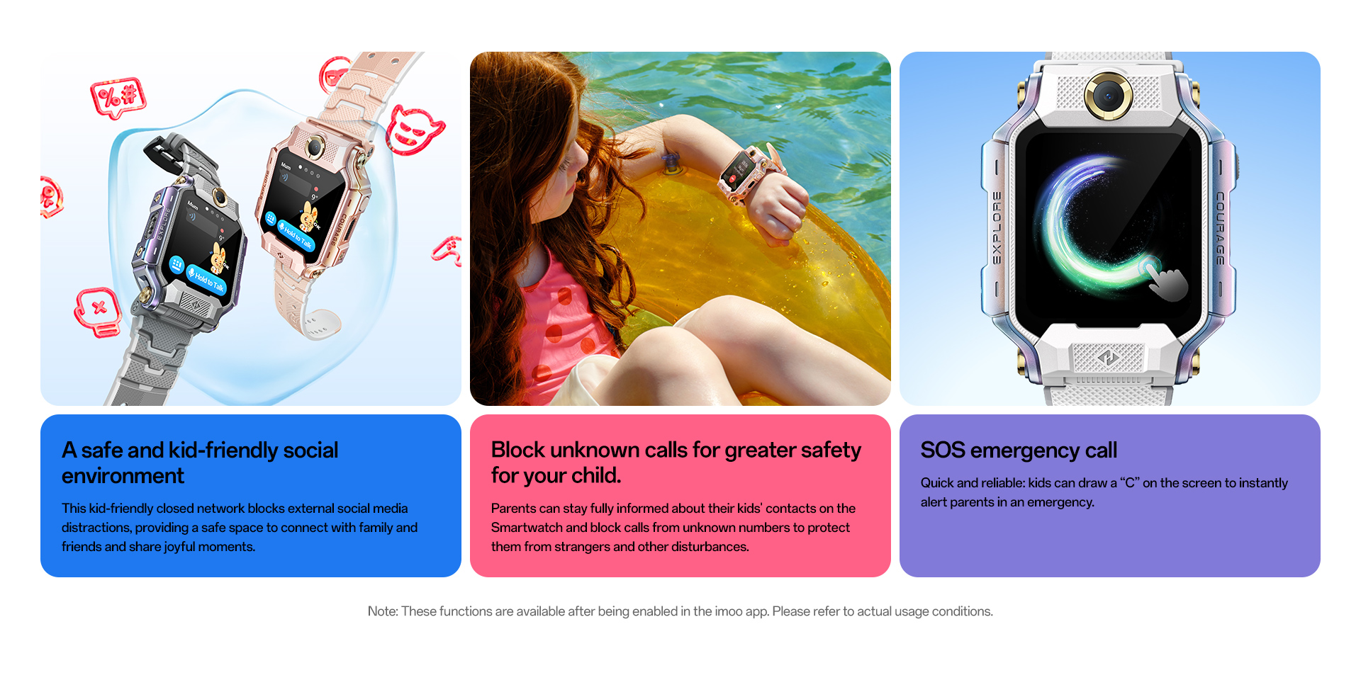 imoo Watch Phone X10: Grau und Roségold Varianten, Kind am Pool, weiße Uhr mit SOS-Funktion. Produktseite.