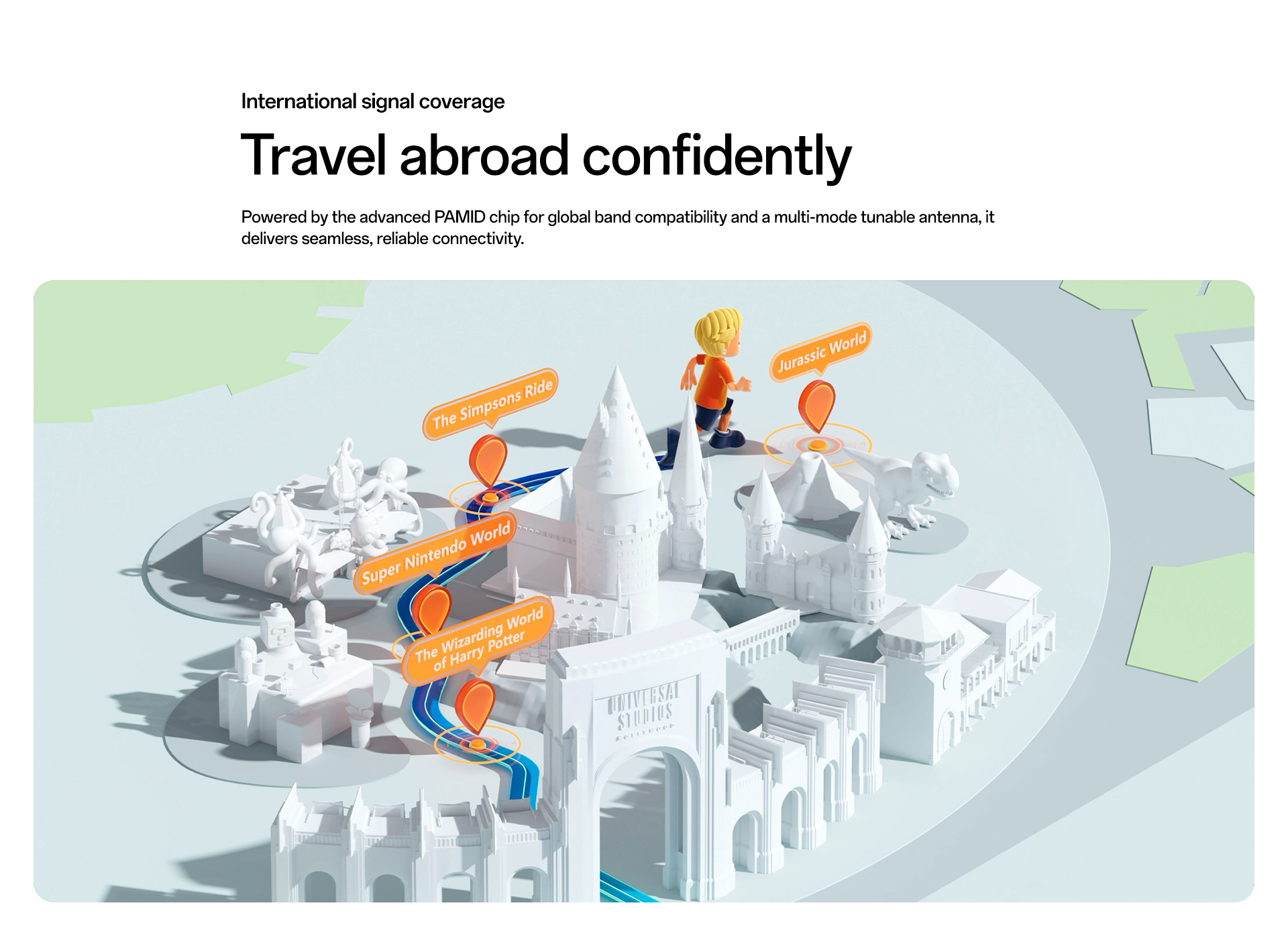 imoo Watch Phone X10: Weltkarte mit Markierungen, zeigt internationale Netzabdeckung. Produktseite.