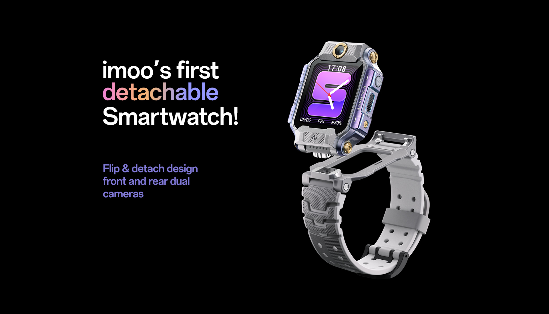 imoo Watch Phone X10 mit abnehmbarem Flip-Design und Dual-Kameras für Produktpräsentation